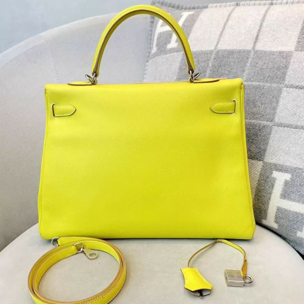 Hermes kelly 35 9R lime Epsom leather Palladium hardware