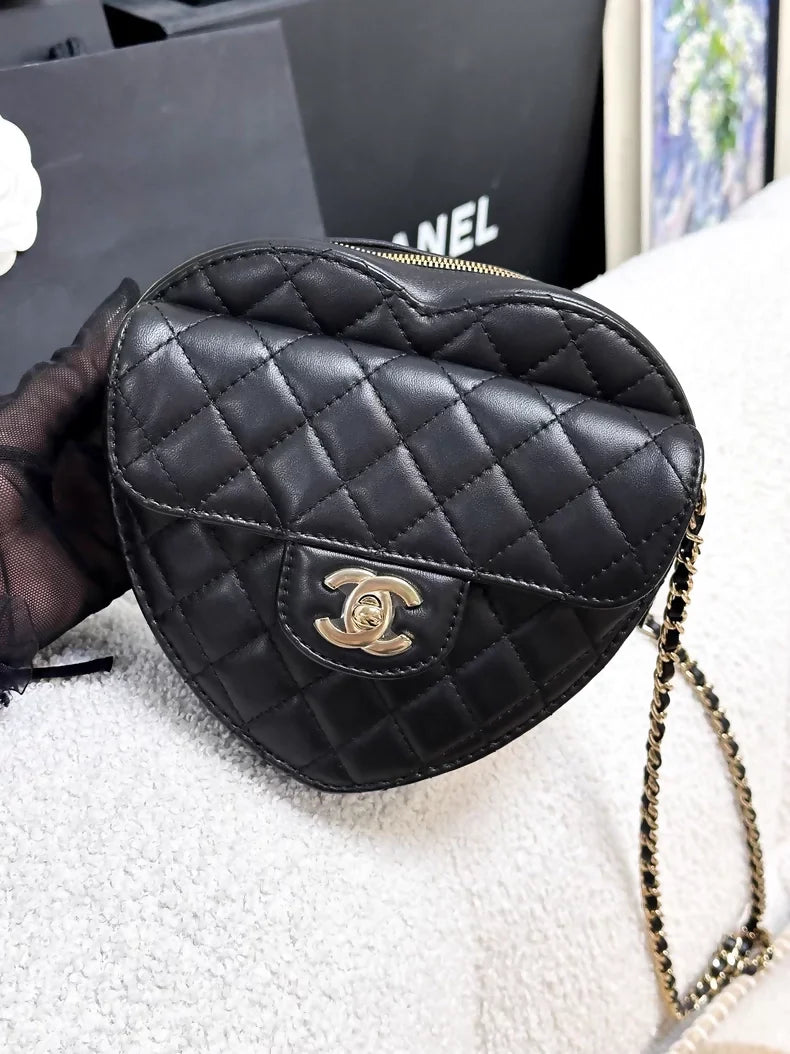 Chanel 25B Black and Gold Lambskin Quilted Large Heart Bag