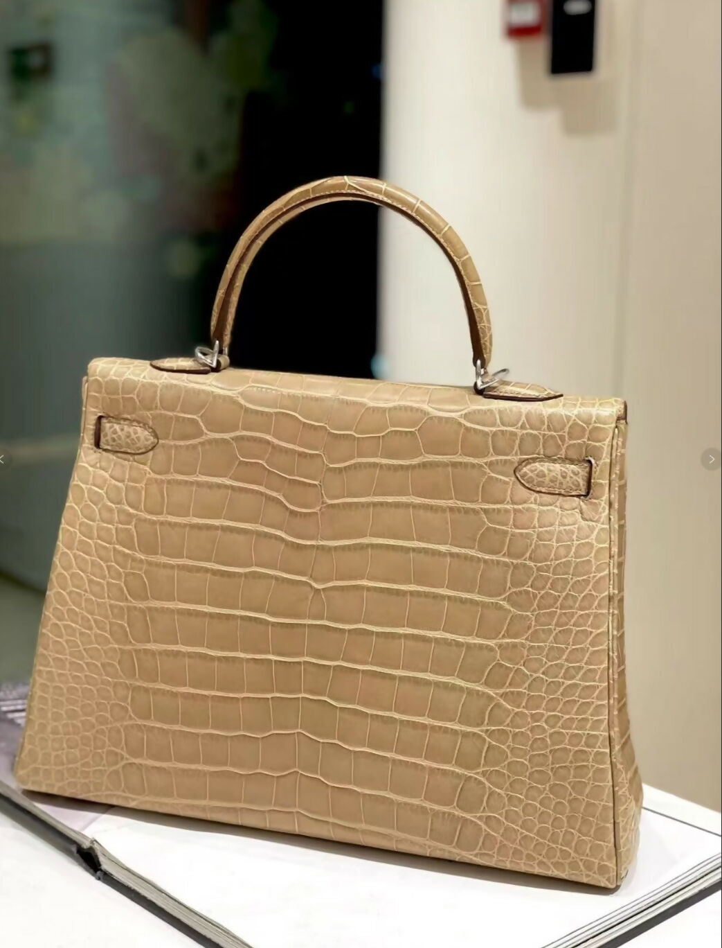 Hermes Kelly 35 Beige Matte Crocodile Leather Palladium Hardware
