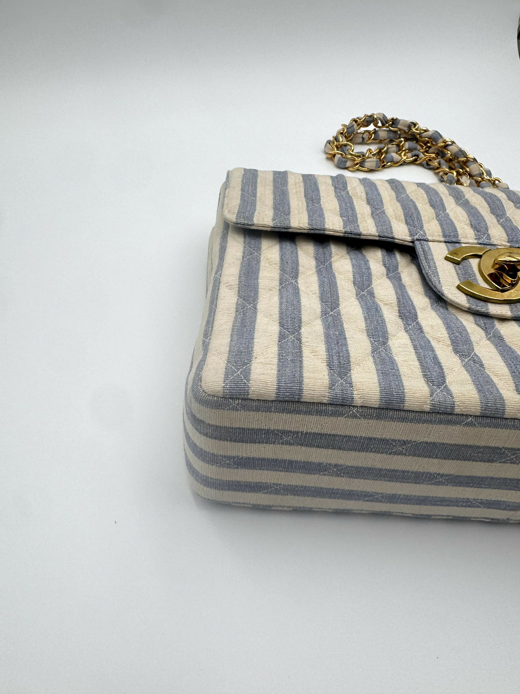 Chanel Vintage 1990s Blue and White Striped Linen Jumbo Single Classic Flap Bag