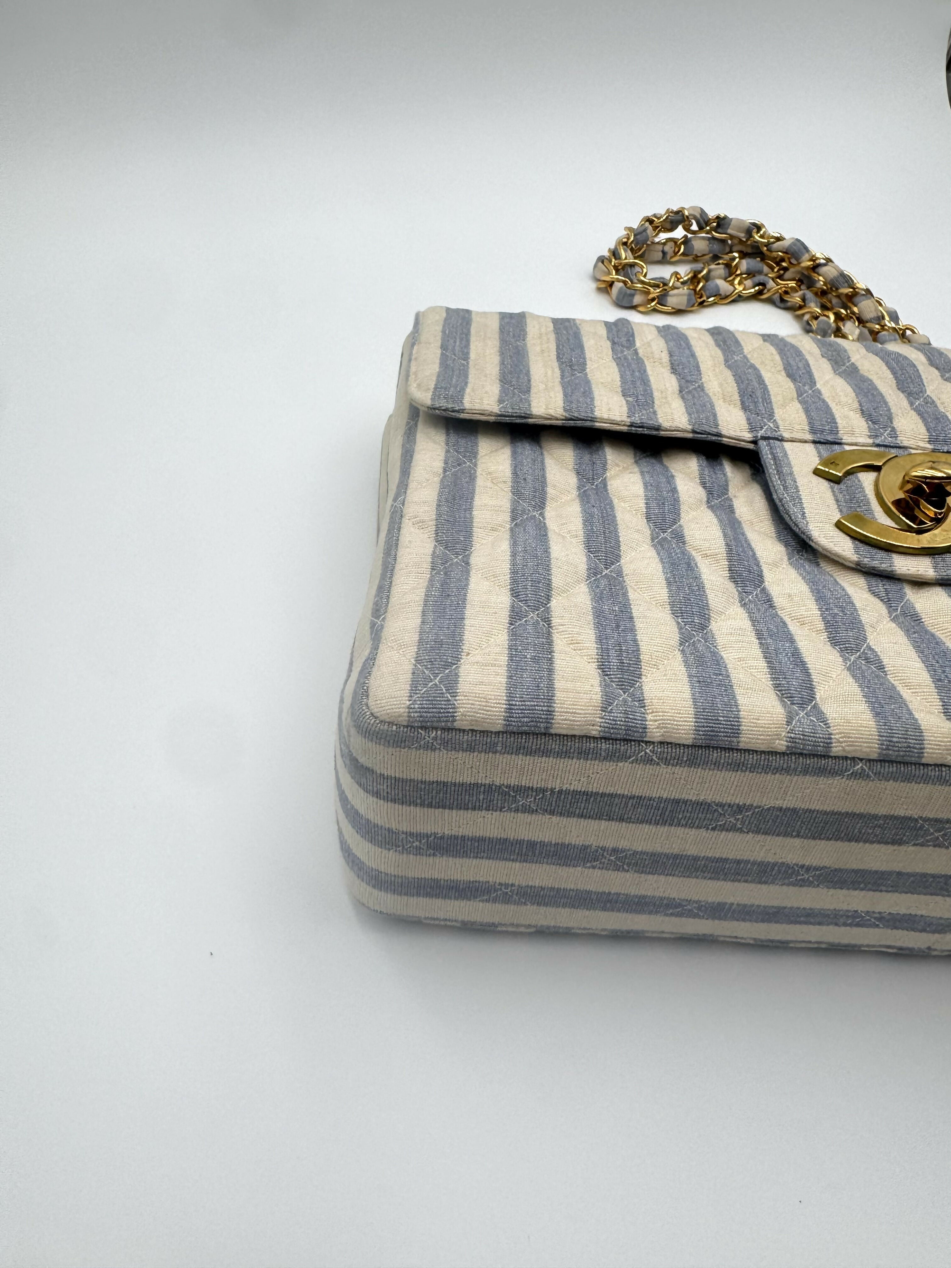 Chanel Vintage 1990s Blue and White Striped Linen Jumbo Single Classic Flap Bag