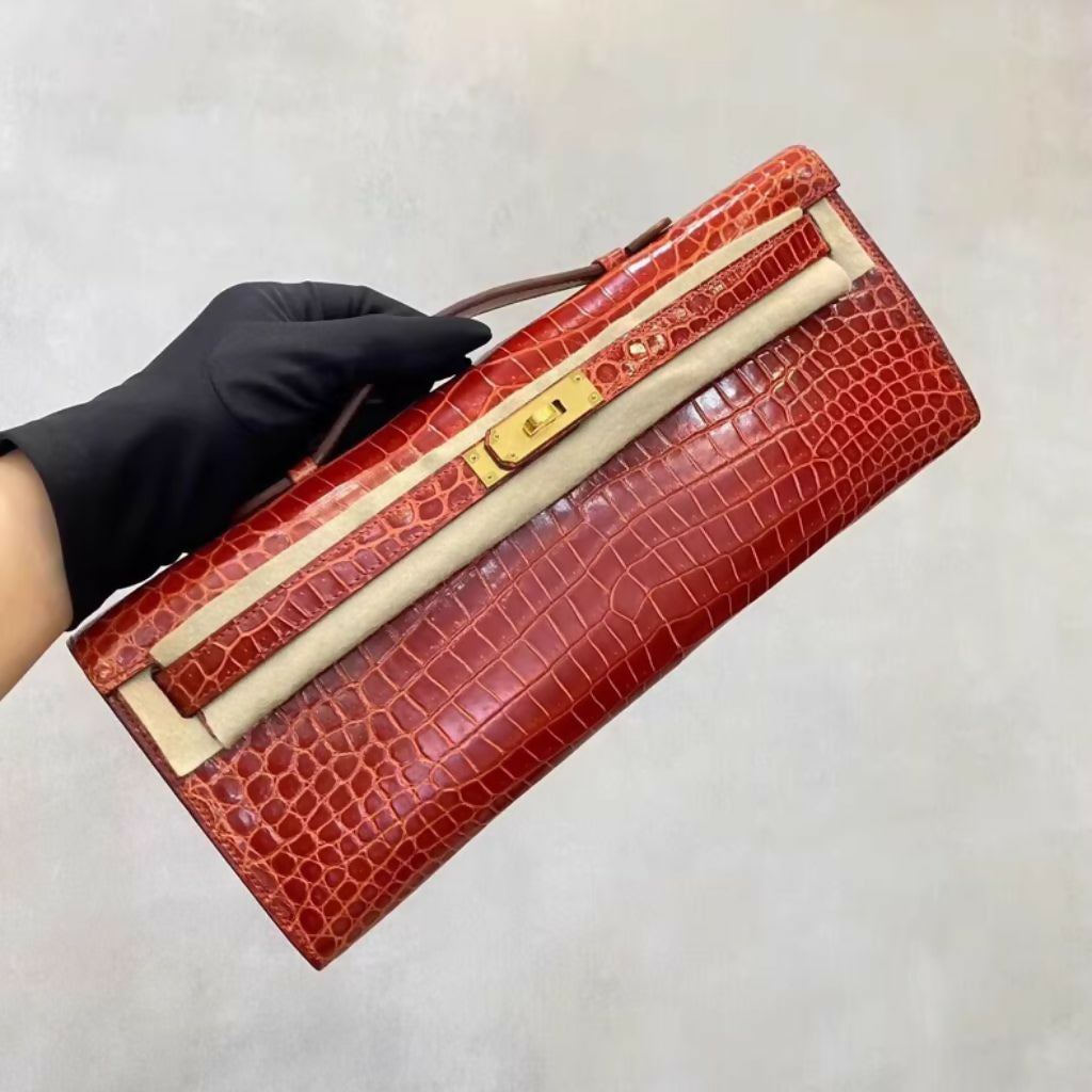 Hermes kelly cut Red Shiny Crocodile Leather Gold Hardware