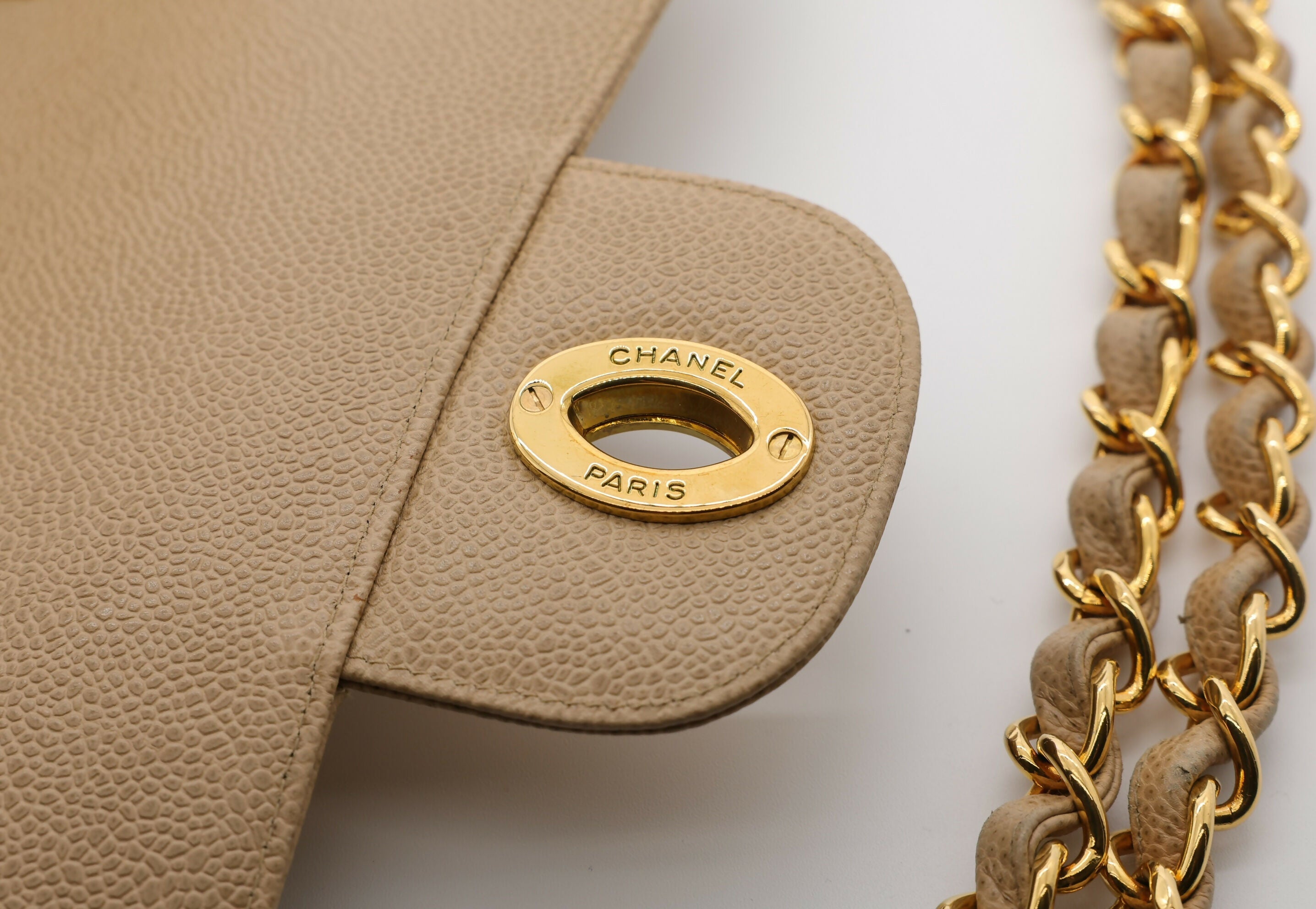 Chanel Vintage 1990s Caviar Dark Beige Jumbo Single Classic Flap Bag