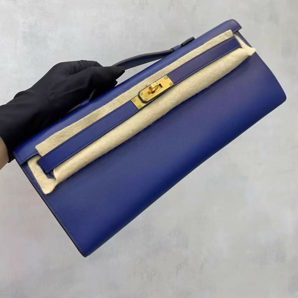 Hermes kelly cut blue swift leather gold hardware
