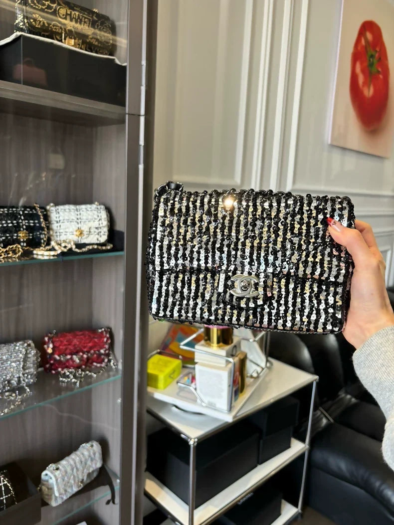 Chanel 23P mini CF black and grey sequined bag