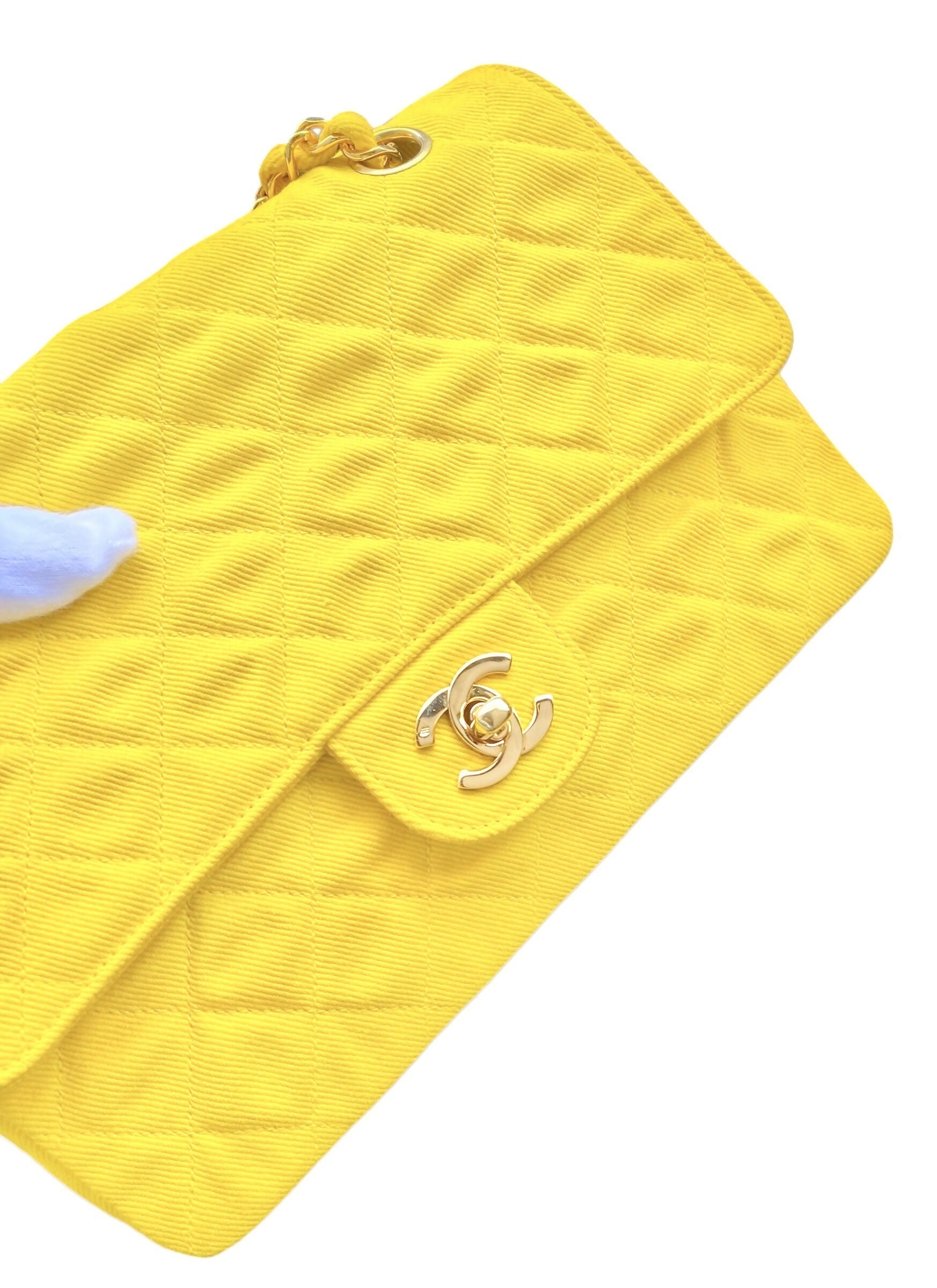 Vintage Chanel 1992 Yellow Denim Medium Classic Flap Bag 24K Gold Hardware
