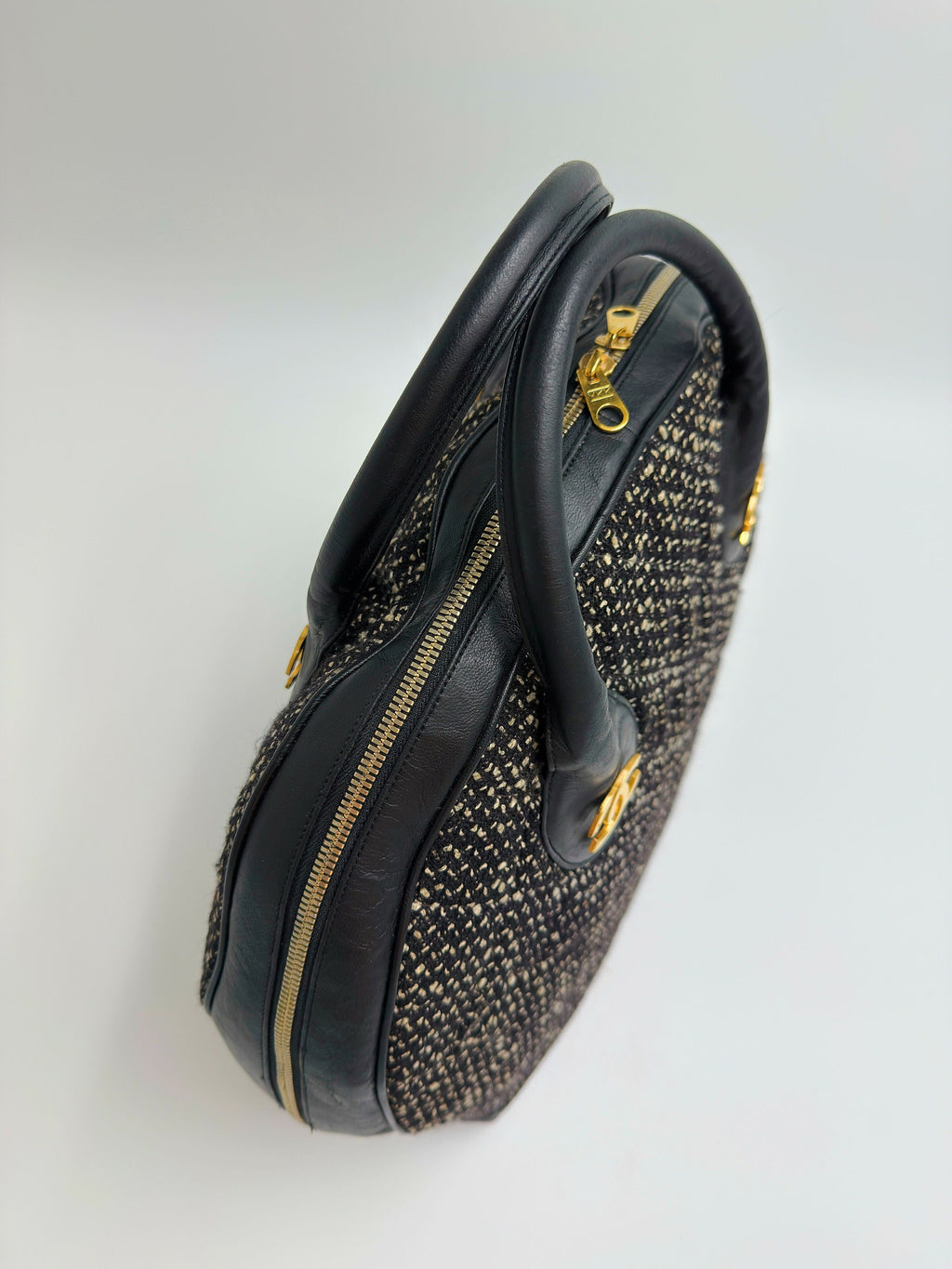 Chanel 1992 Half Moon Top Handle Bag – Black Tweed & Leather with Gold Hardware
