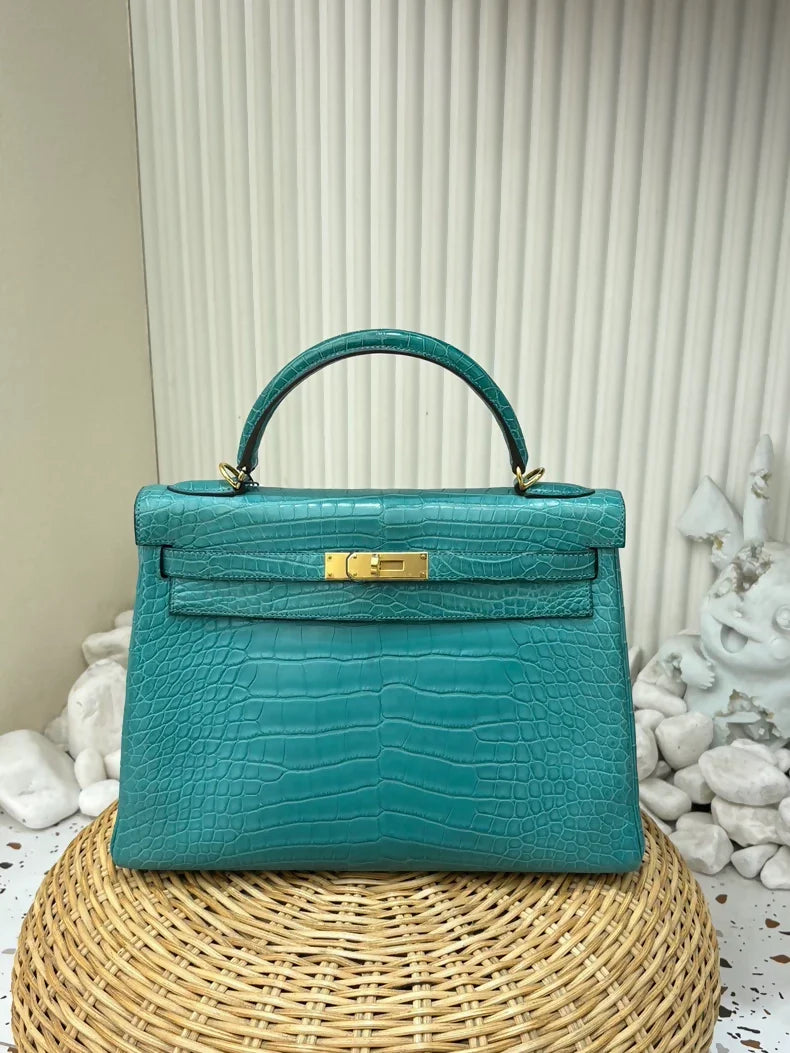 Hermes Kelly 32 Blue Peon Matte Alligator leather Gold hardware