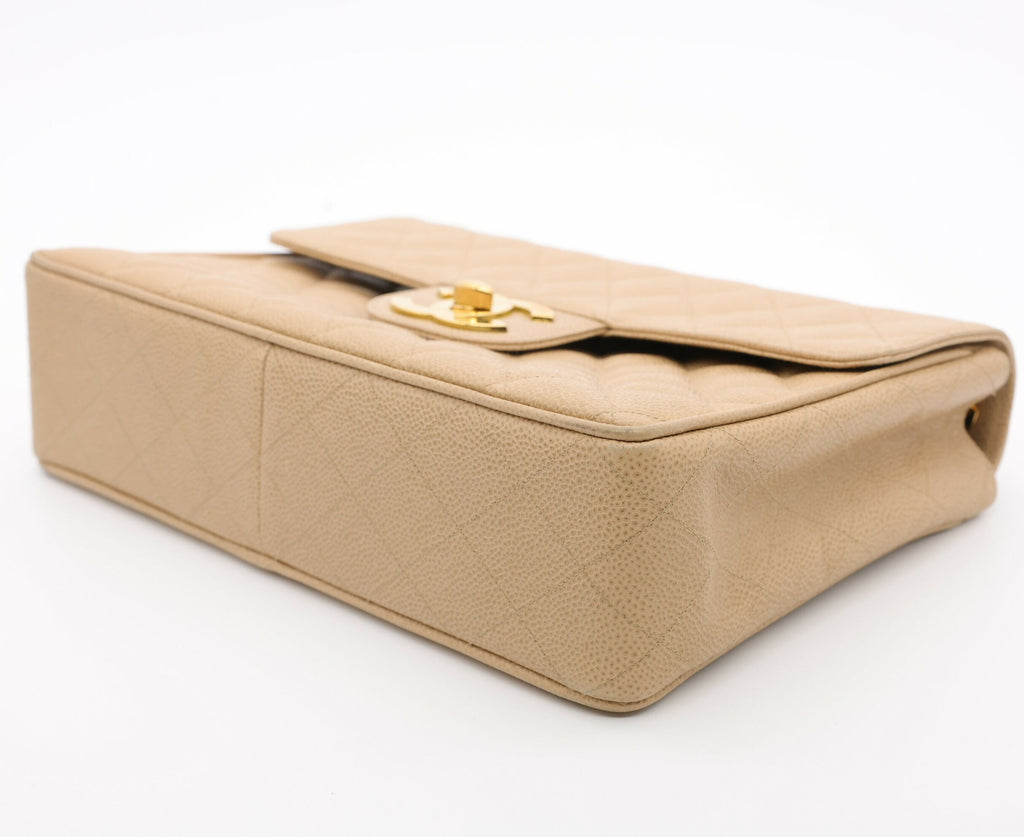 Chanel Vintage 1990s Caviar Dark Beige Jumbo Single Classic Flap Bag