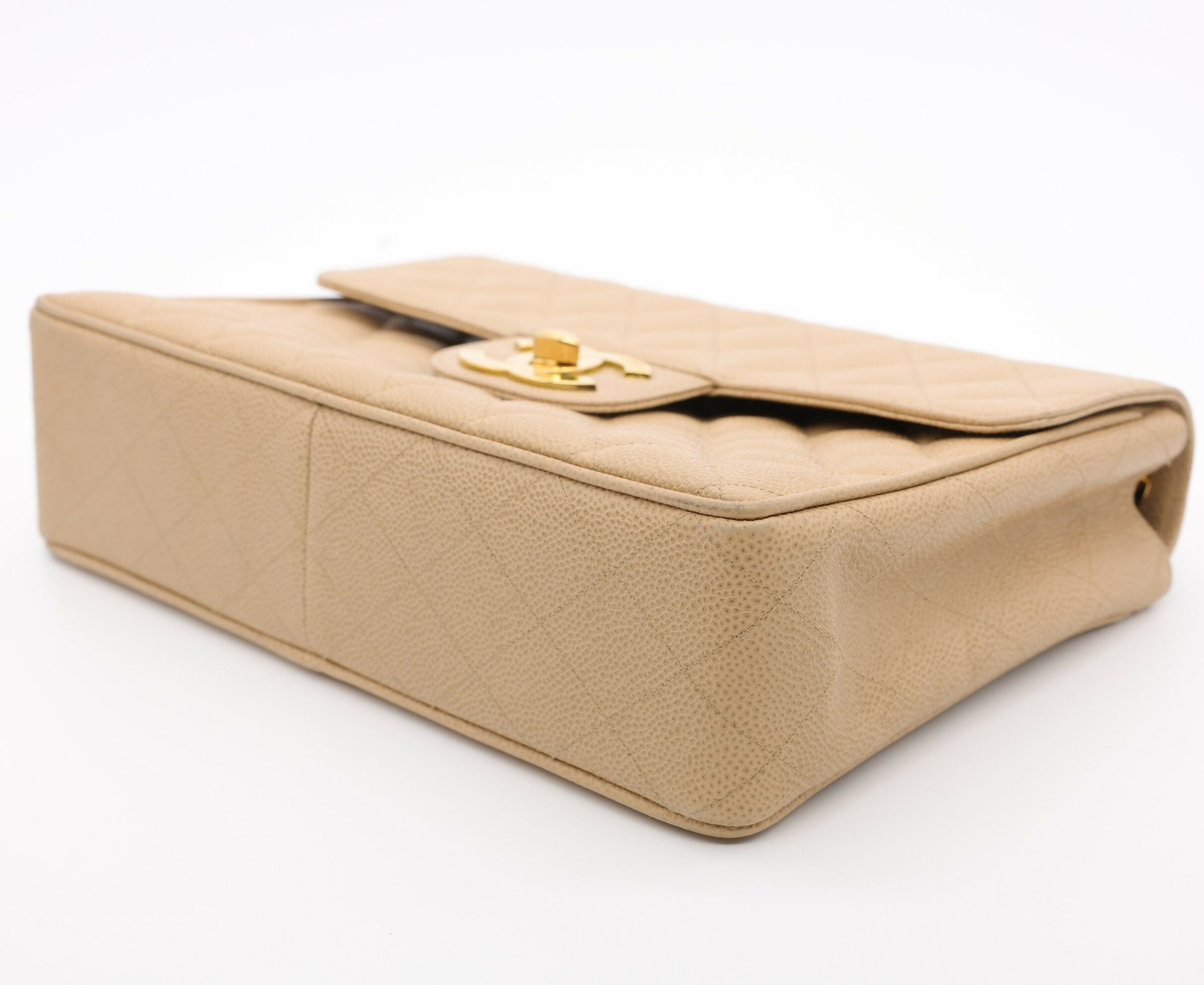 Chanel Vintage 1990s Caviar Dark Beige Jumbo Single Classic Flap Bag