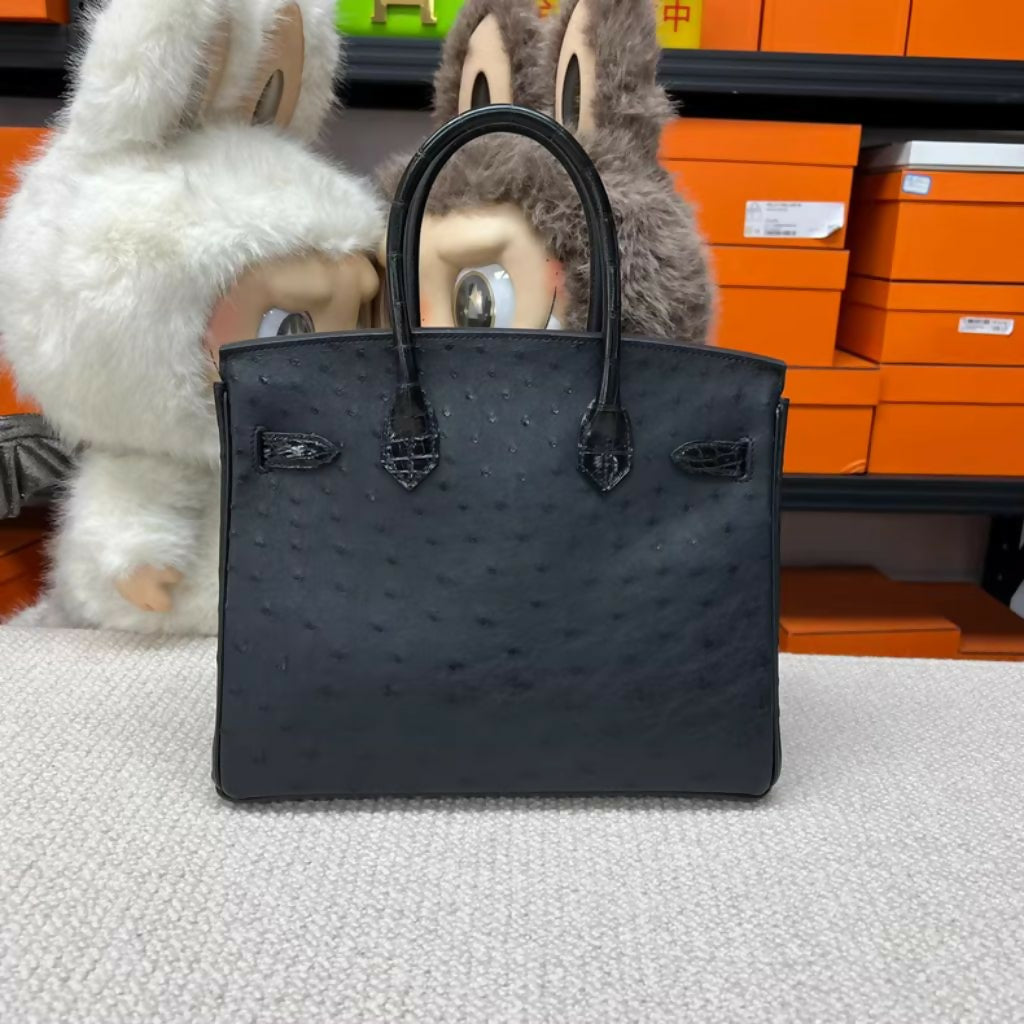 Hermès Birkin 30 Touch Black Ostrich and Shiny Crocodile Leather Gold Hardware