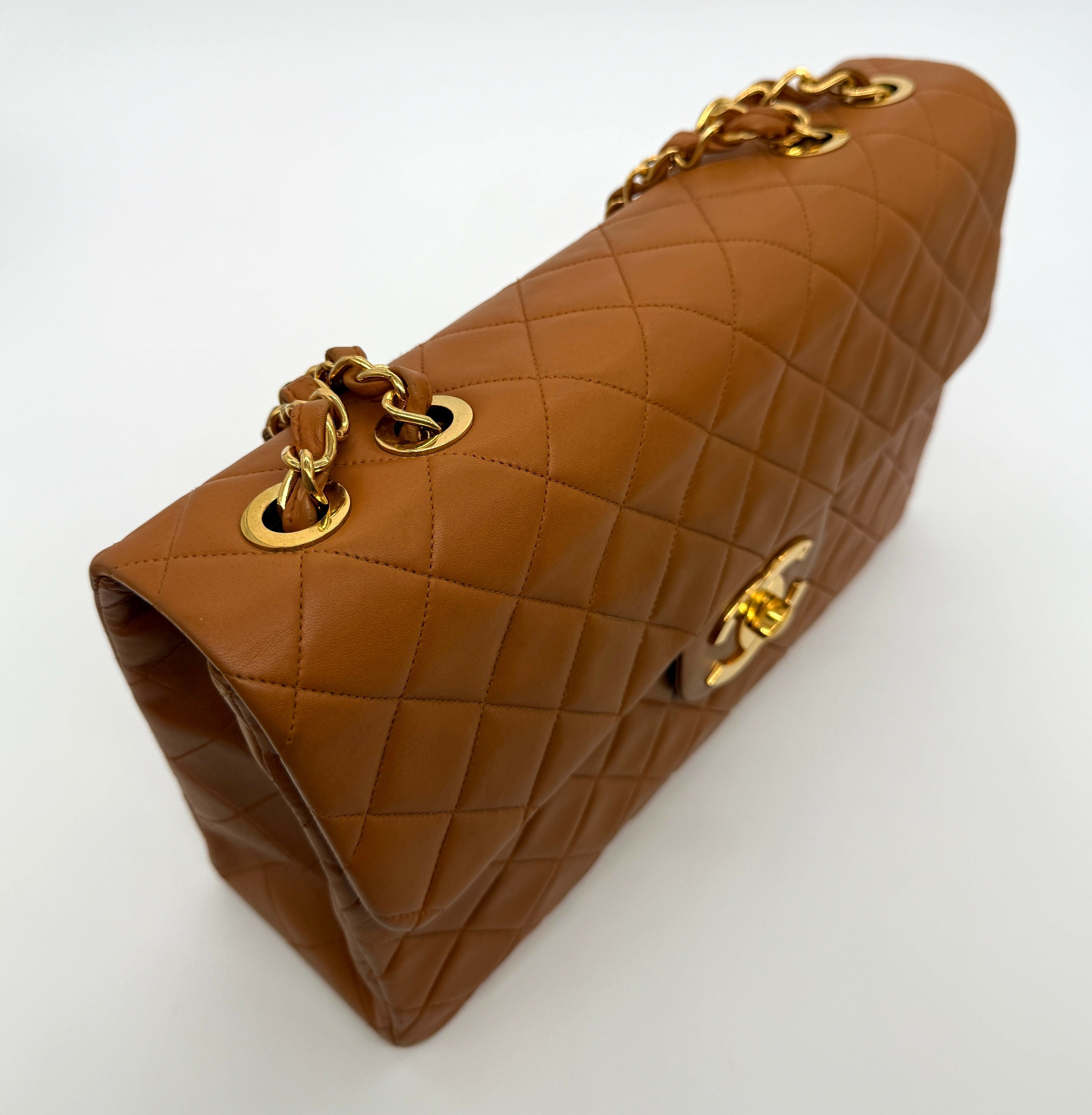 Chanel Vintage 1990s Caramel Brown Lambskin Maxi Single Classic Flap Bag - Series 2