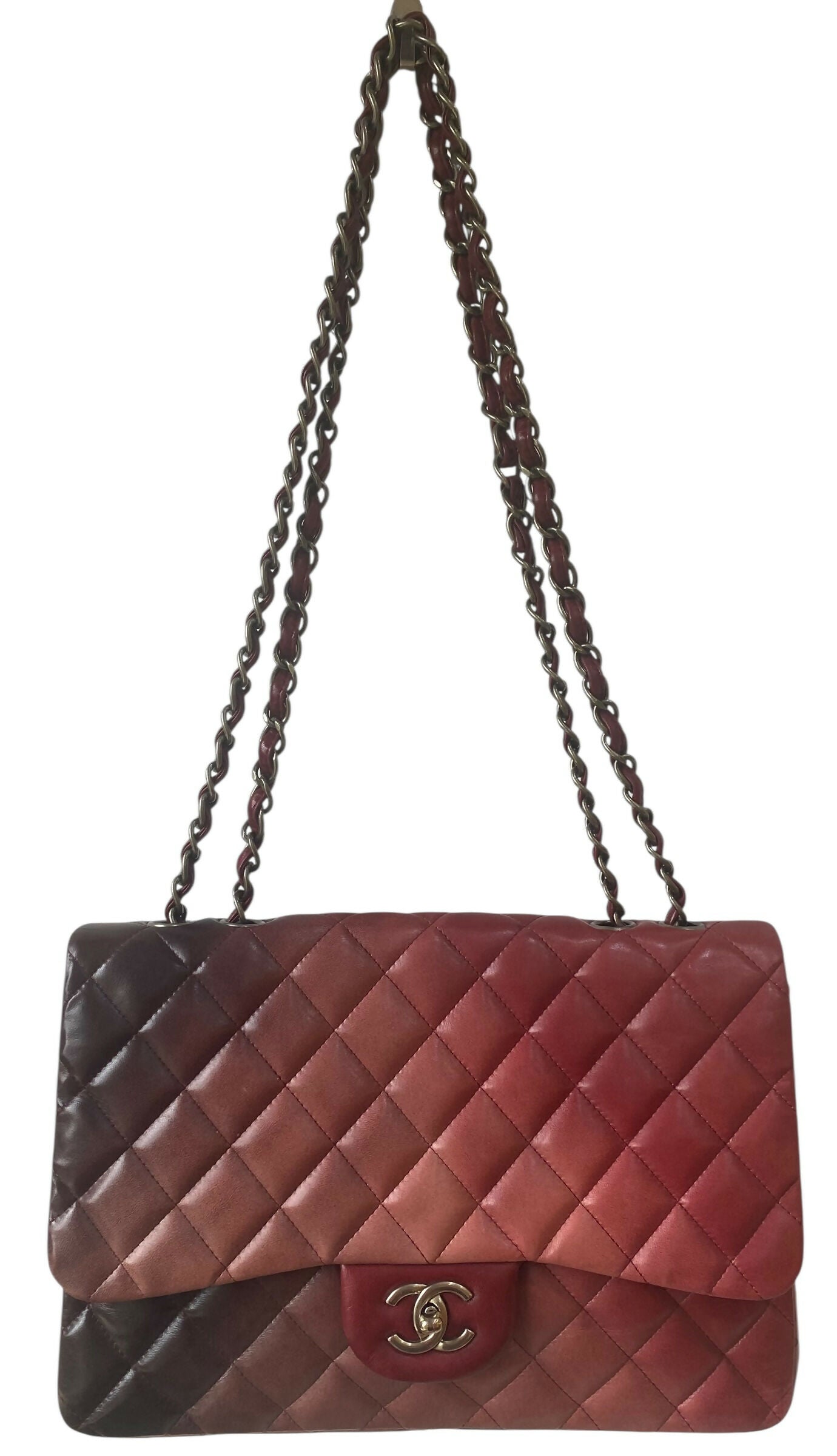 Chanel Ombre Degradé Pink Burgundy Quilted Leather Jumbo Classic Single Flap Bag