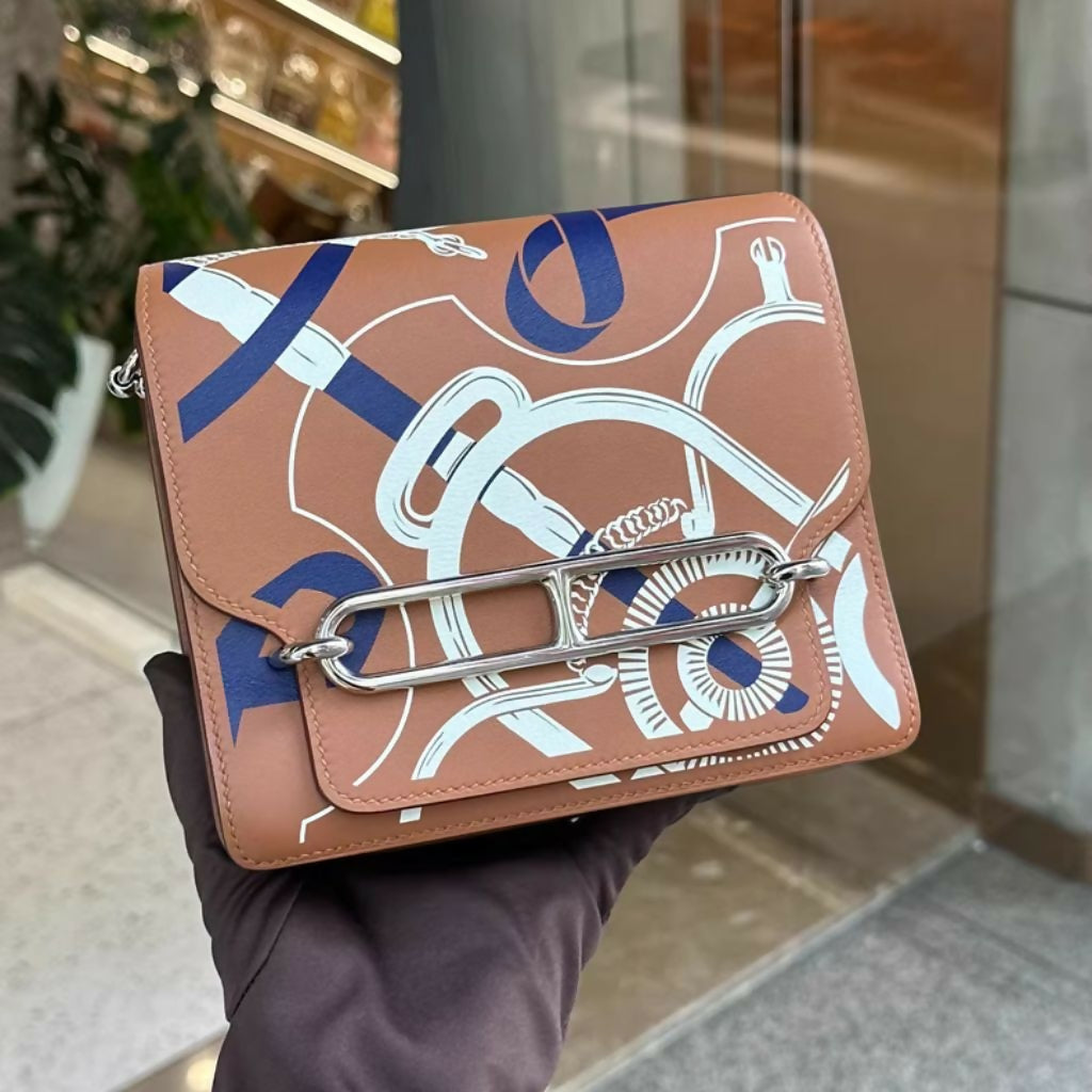 HERMES Swift Printed Eperon d'Or Mini Sac Roulis Gold White Bleu Encre