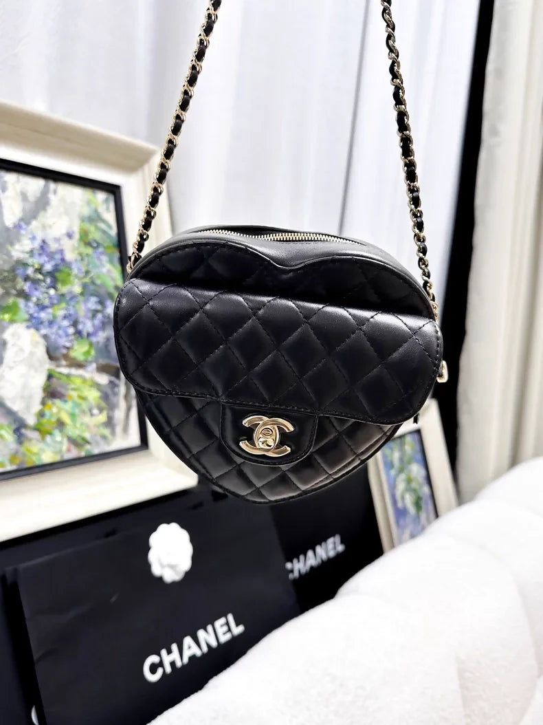 Chanel 25B Black and Gold Lambskin Quilted Large Heart Bag