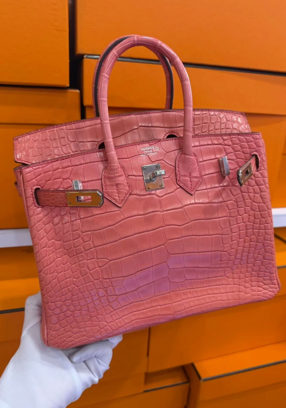 Hermes birkin25 rose azalée matte crocodile leather palladium hardware