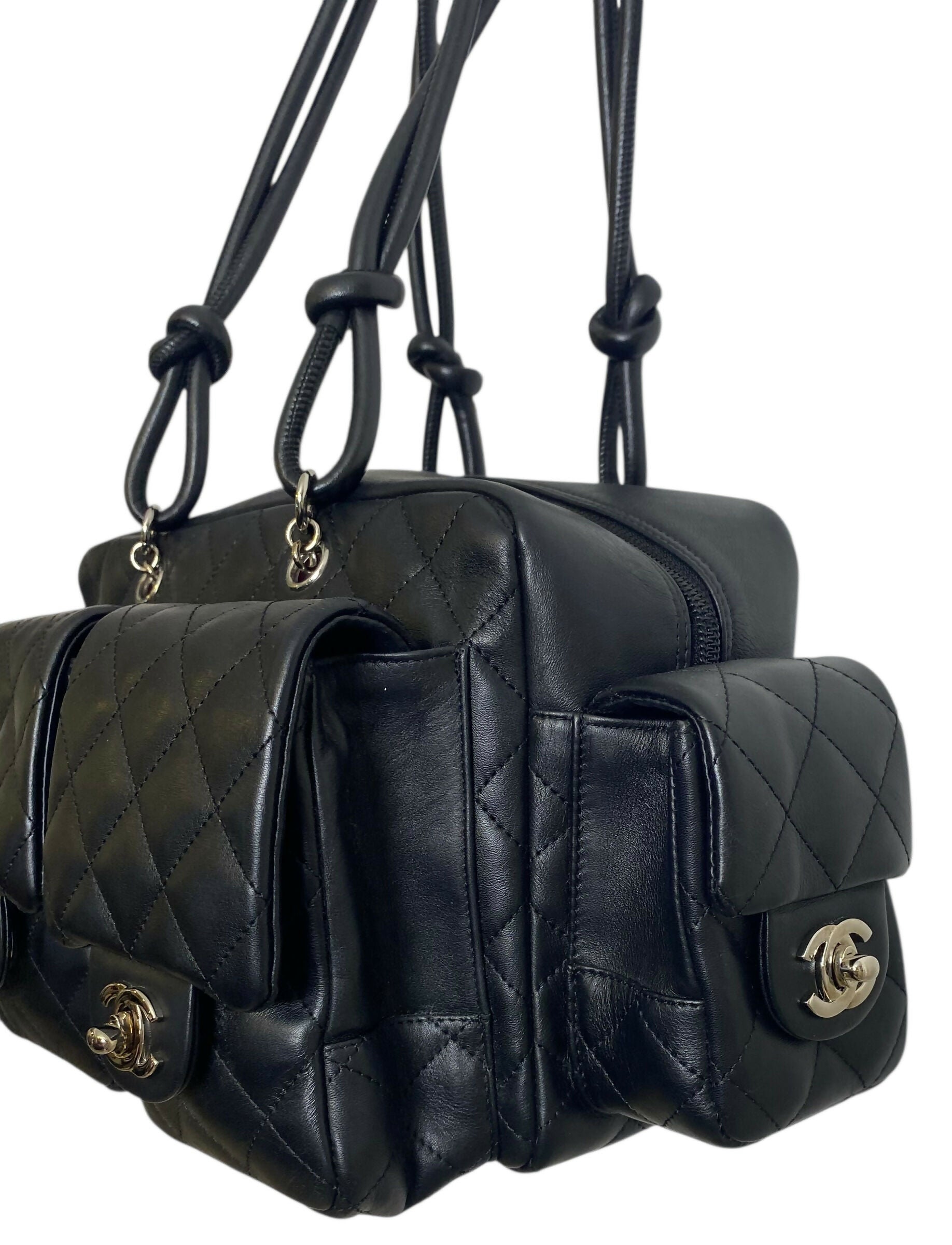 Chanel 2005 Small Cambon Reporter Black White Lambskin Handbag SHW