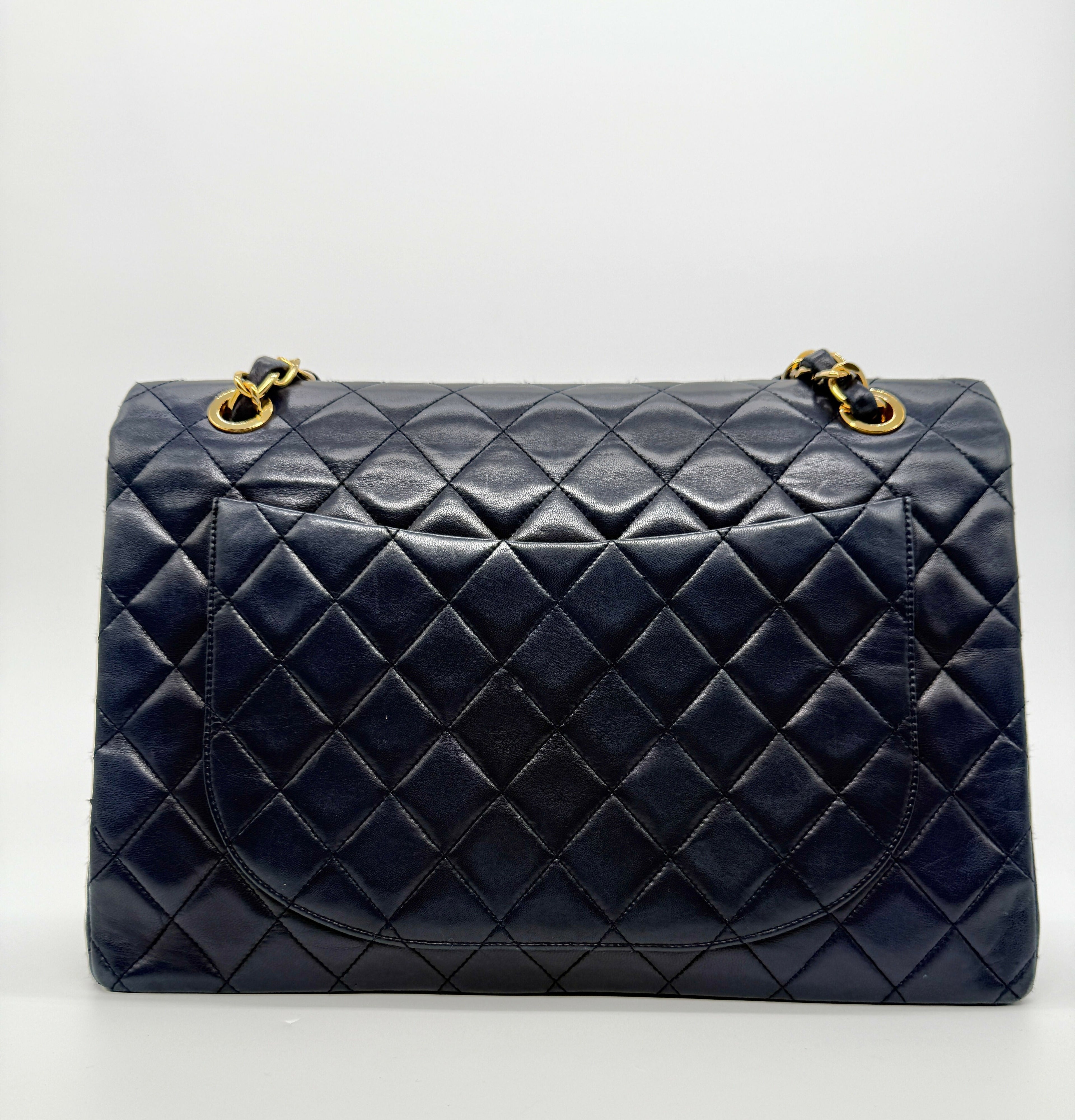 Chanel Vintage 1980s Navy Lambskin Maxi Classic Single Flap- Series 1