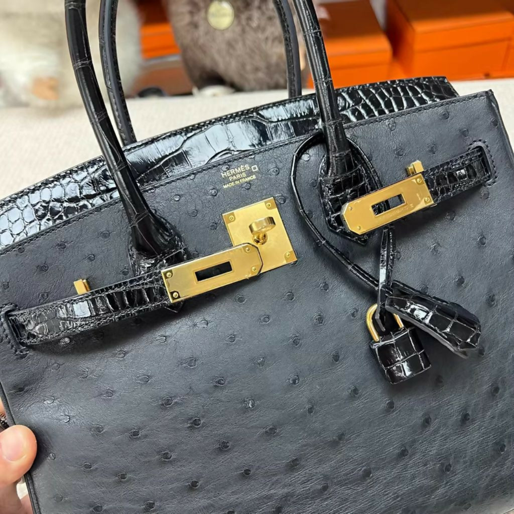 Hermès Birkin 30 Touch Black Ostrich and Shiny Crocodile Leather Gold Hardware