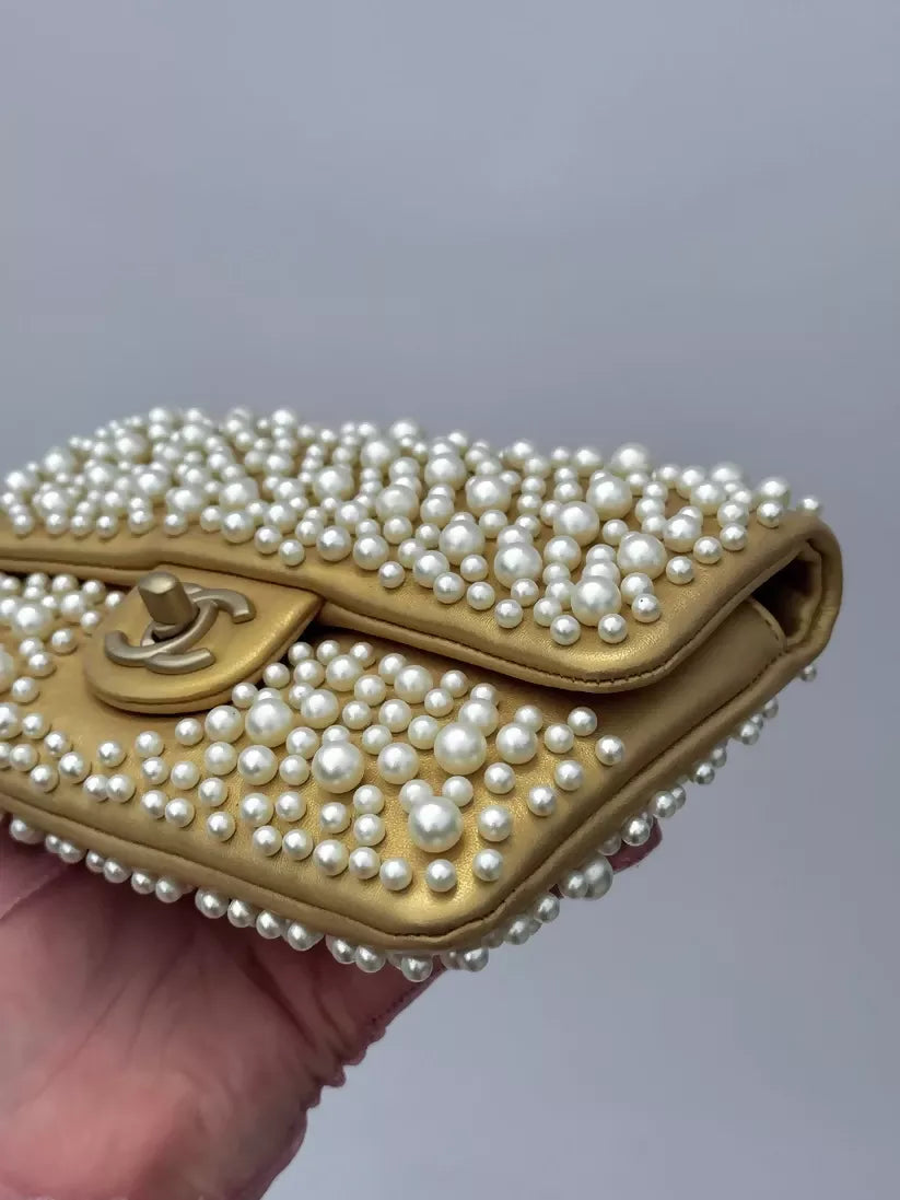 Chanel 2015 Paris–Dubai Gold Metallic Pearly Wallet on Chain