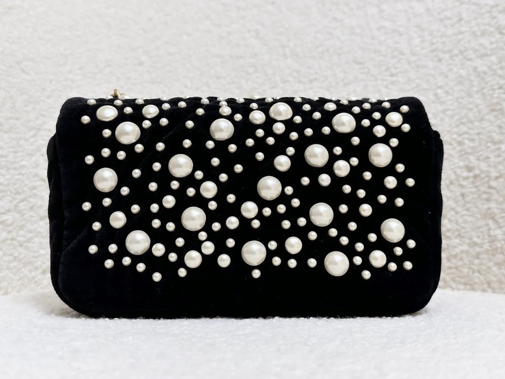 Chanel 2022 Mini Flap Bag in Black Velvet with Pearls and Gold Hardware