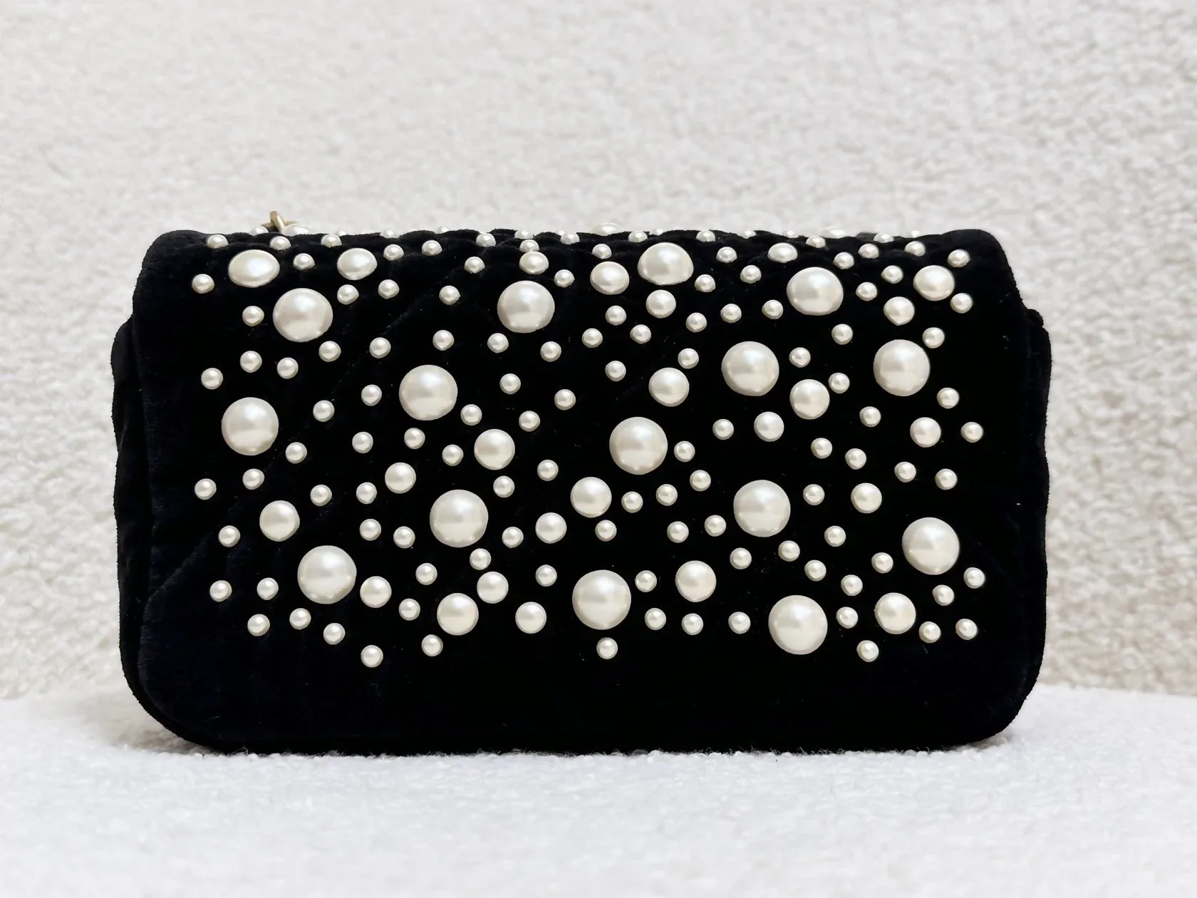 Chanel 2022 Mini Flap Bag in Black Velvet with Pearls and Gold Hardware