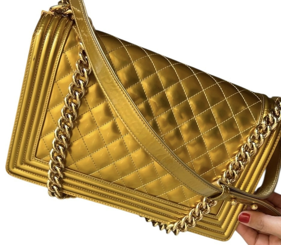 Chanel 2017 New Medium Boy Metallic Gold Patent Calfskin Leather GHW