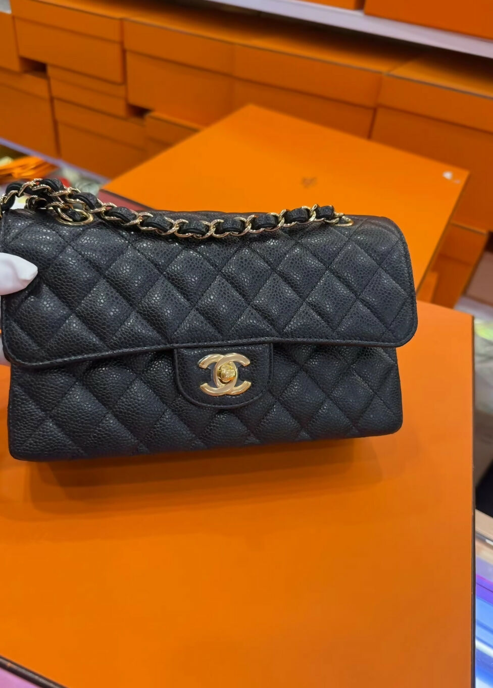 Chanel black lychee leather flap bag gold hardware