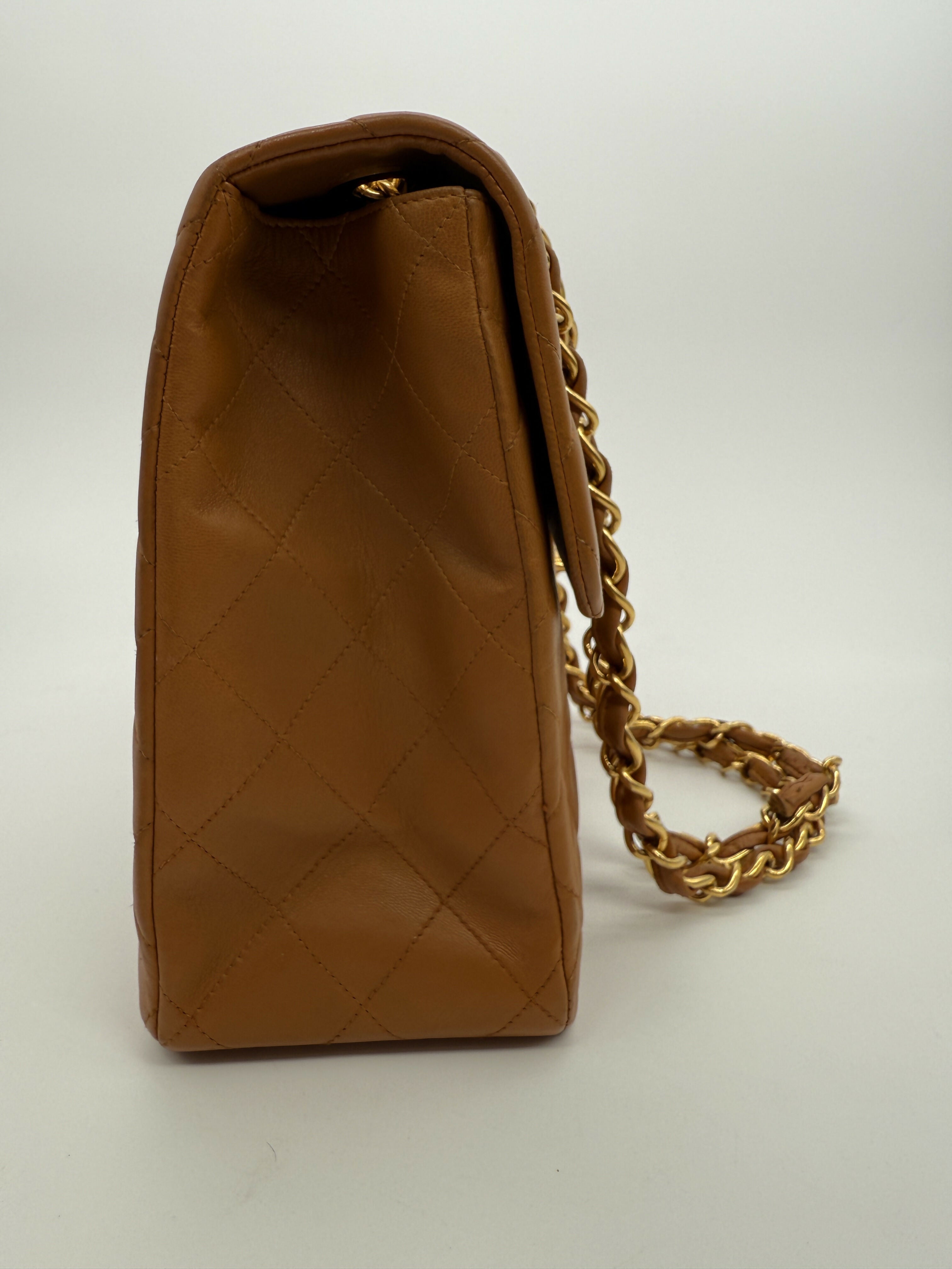 Chanel Vintage 1990s Caramel Brown Lambskin Maxi Single Classic Flap Bag - Series 2