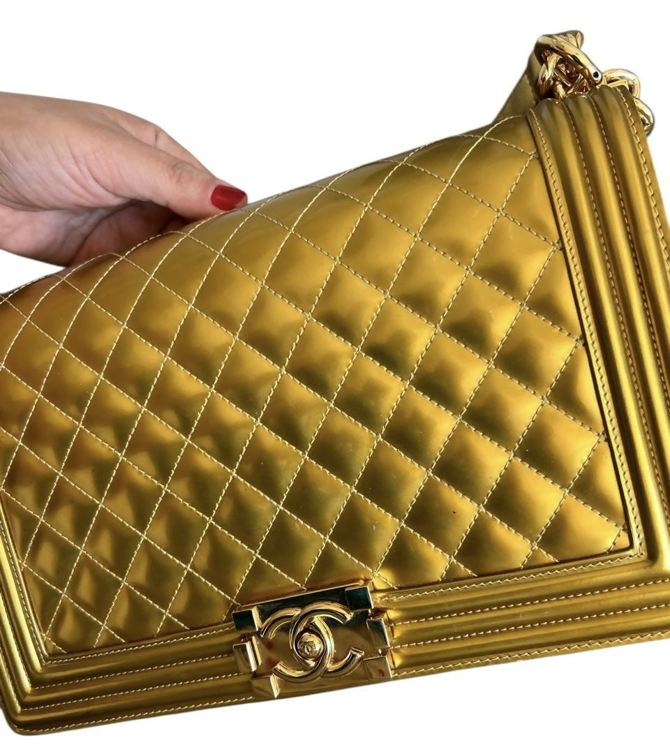 Chanel 2017 New Medium Boy Metallic Gold Patent Calfskin Leather GHW