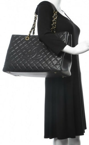 Chanel Black Caviar Quilted XL Grand Shopping Tote GST Gold Hardware