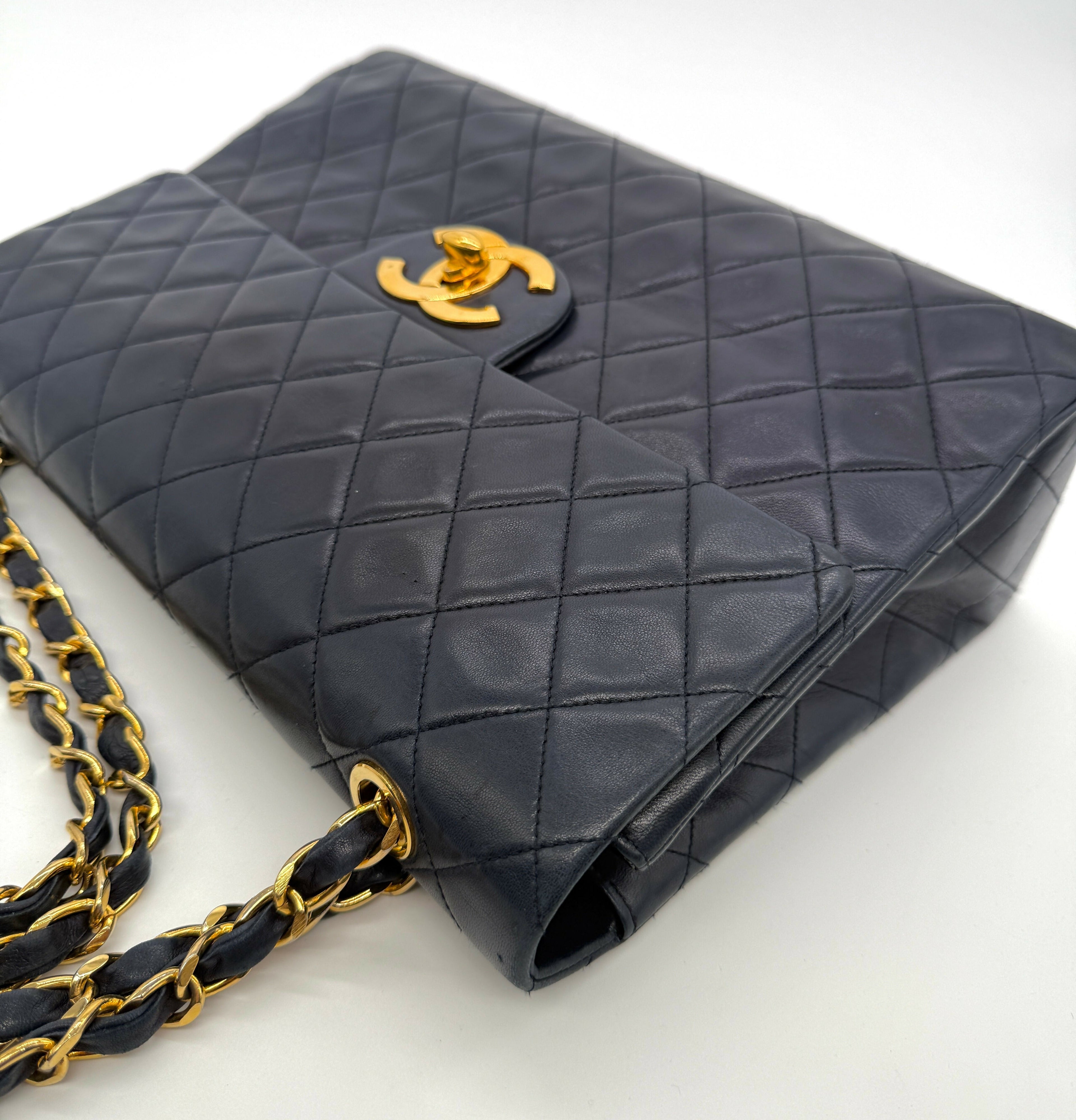Chanel Vintage 1980s Navy Lambskin Maxi Classic Single Flap- Series 1