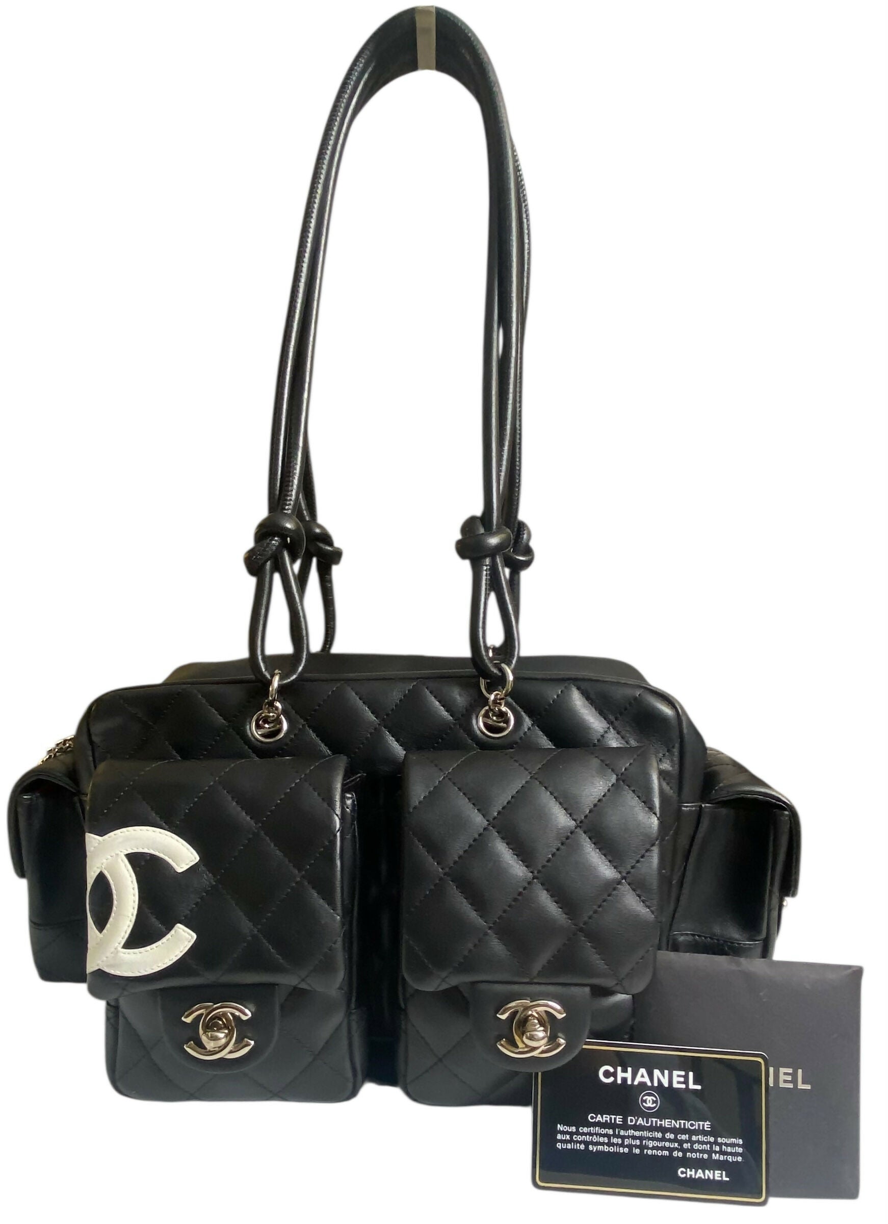 Chanel 2005 Small Cambon Reporter Black White Lambskin Handbag SHW