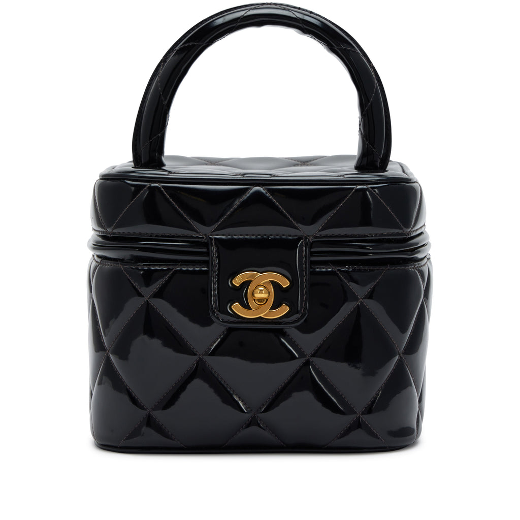 Chanel 1995 Black Quilted Patent Barbie Heart Mirror Vanity Case Bag Gold Hardware