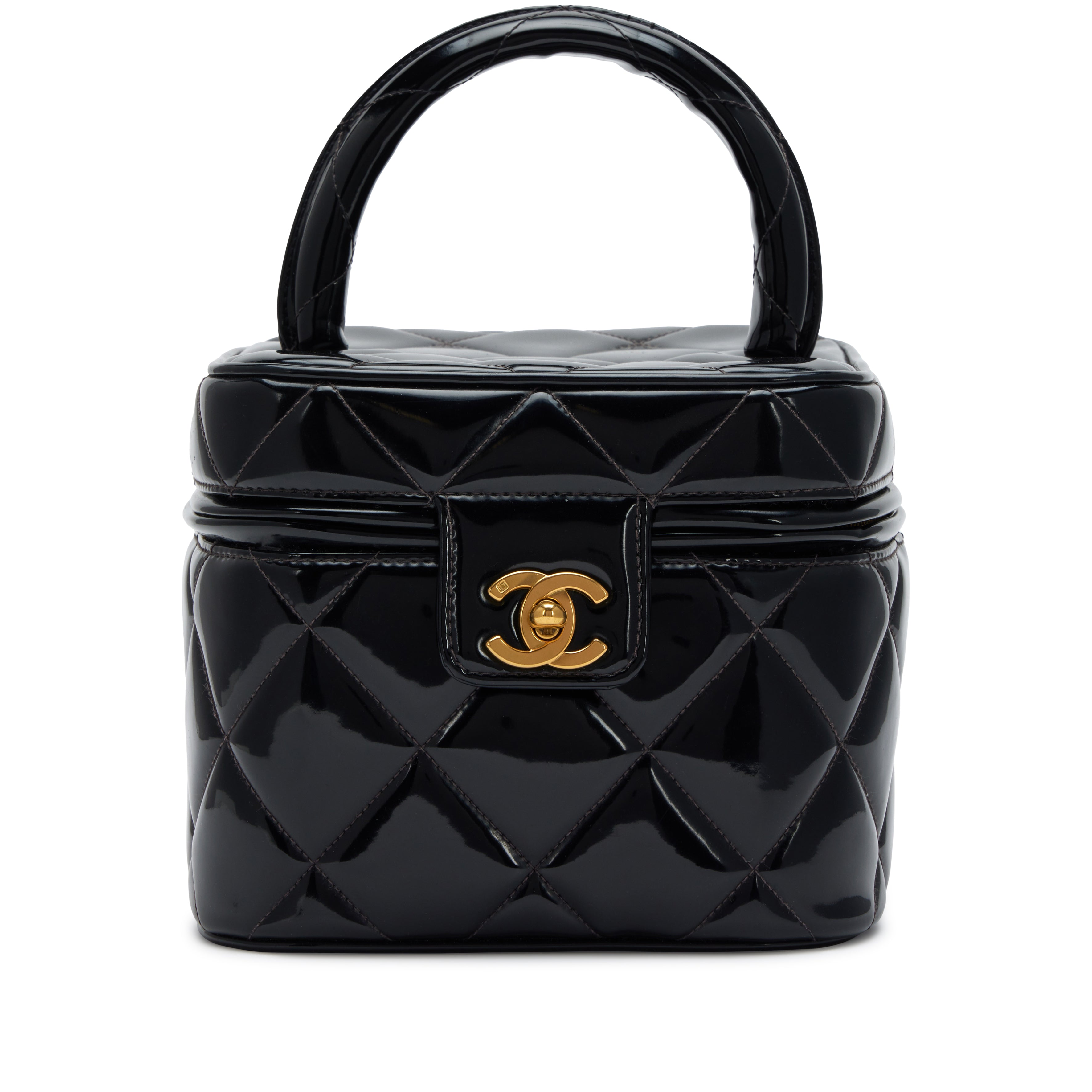 Chanel 1995 Black Quilted Patent Barbie Heart Mirror Vanity Case Bag Gold Hardware