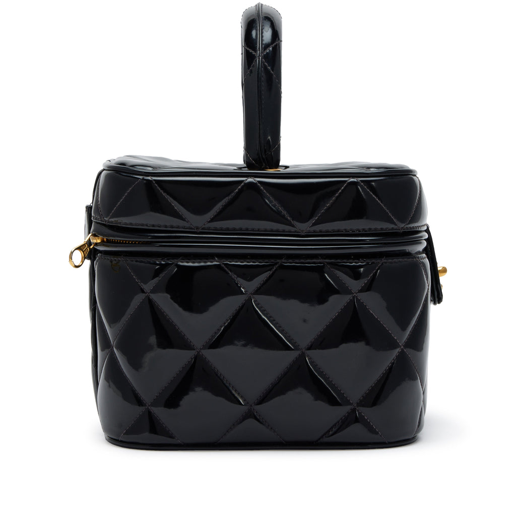 Chanel 1995 Black Quilted Patent Barbie Heart Mirror Vanity Case Bag Gold Hardware