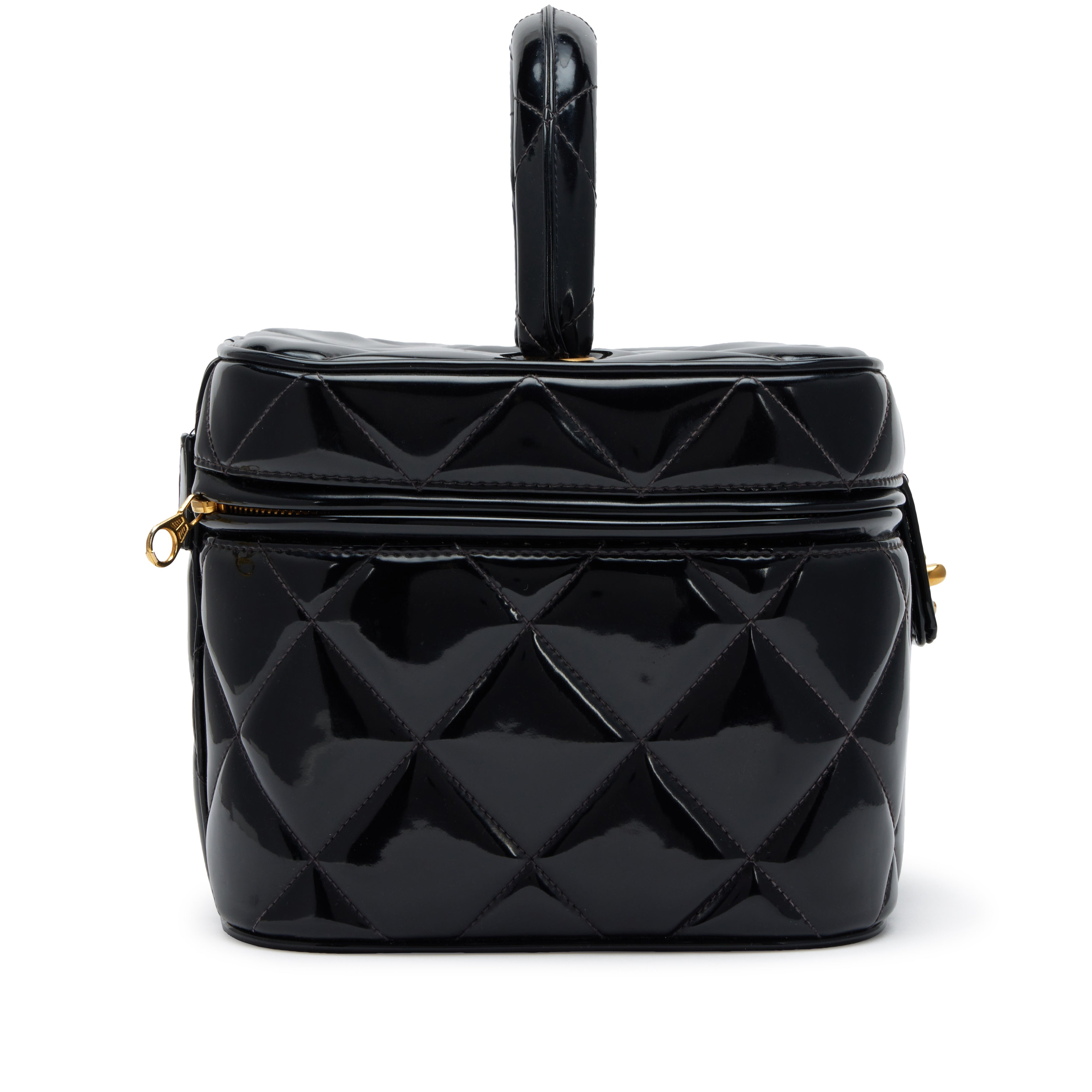 Chanel 1995 Black Quilted Patent Barbie Heart Mirror Vanity Case Bag Gold Hardware