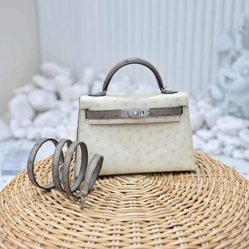 Hermès Mini Kelly Beton & Gris Asphalt Ostrich Leather Palladium Hardware