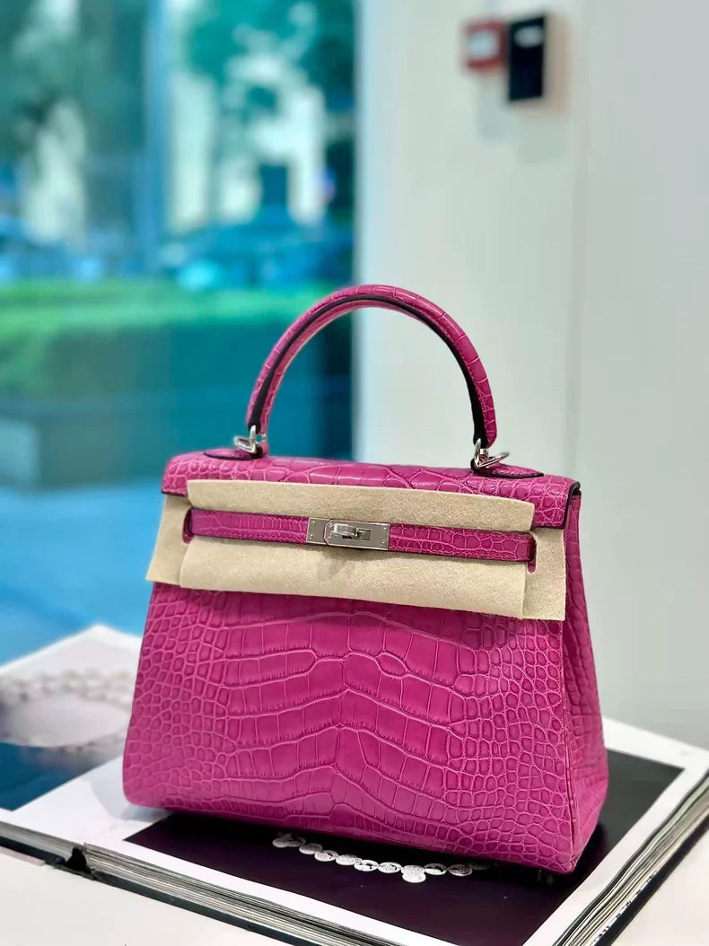 Hermes Kelly 25 J5 rose Scheherazade matte alligator palladium hardware