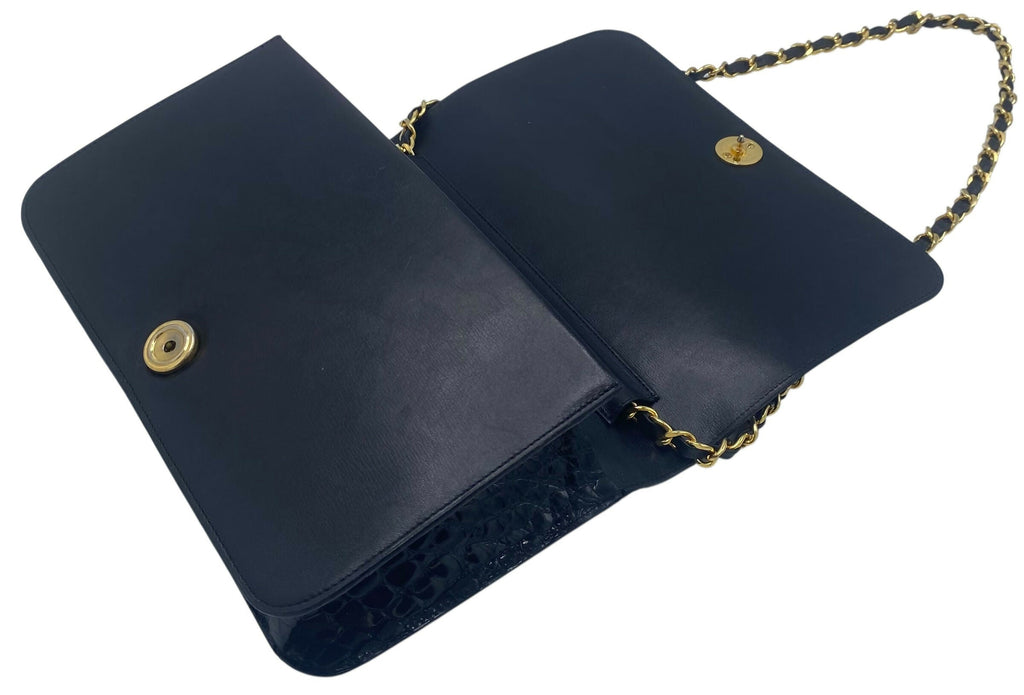 RARE Vintage 1984 Chanel Black Croc Flap Bag 24K Gold Hardware