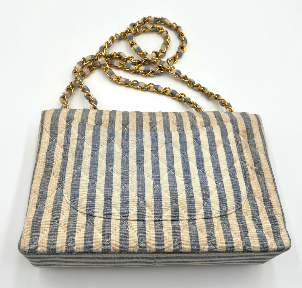 Chanel Vintage 1990s Blue and White Striped Linen Jumbo Single Classic Flap Bag