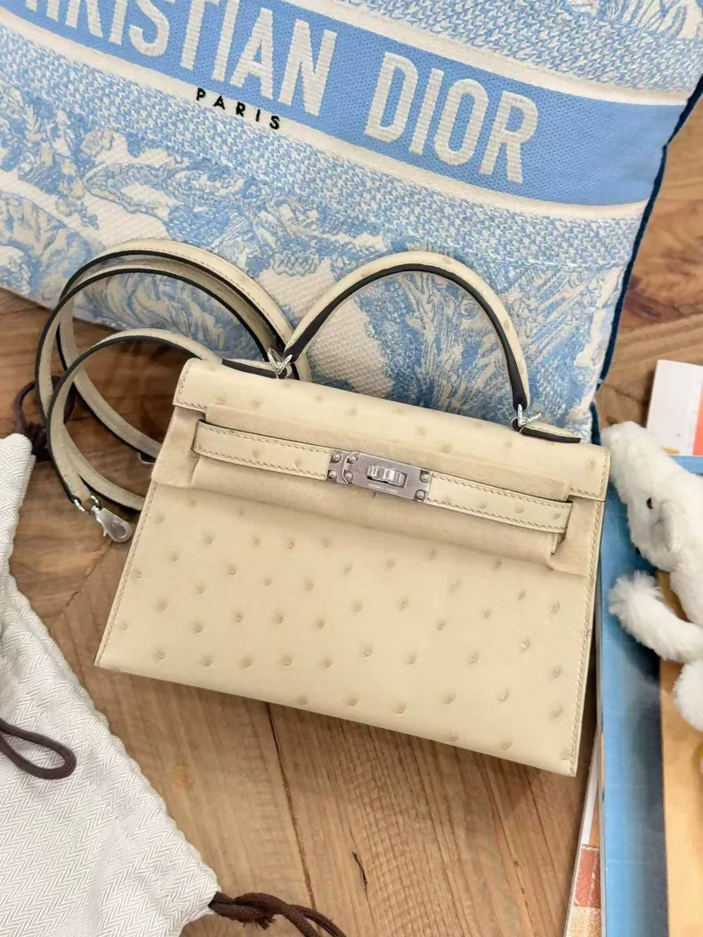 Hermes Mini Kelly 3C Wool White ostrich leather palladium hardware