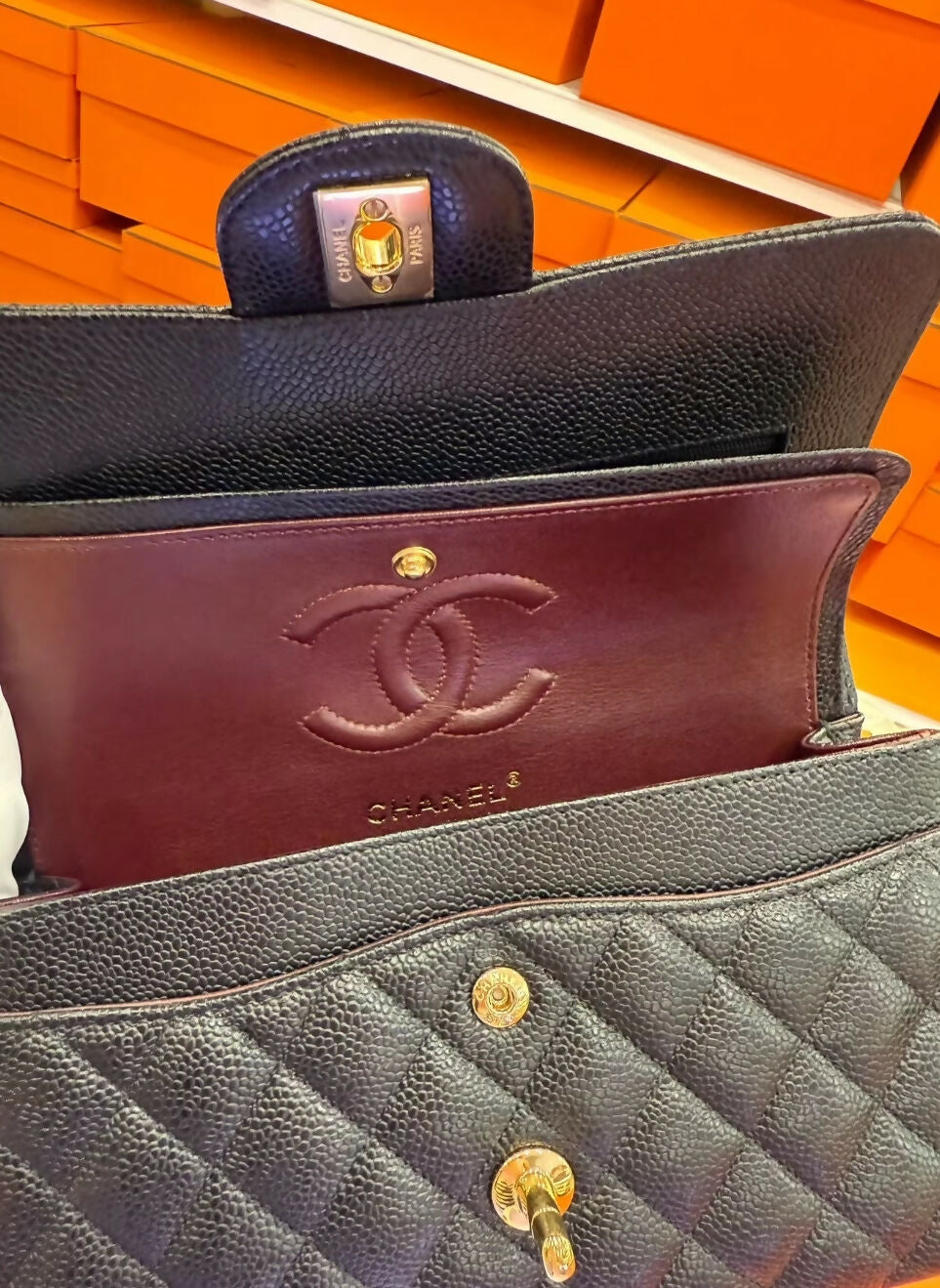Chanel black lychee leather flap bag gold hardware