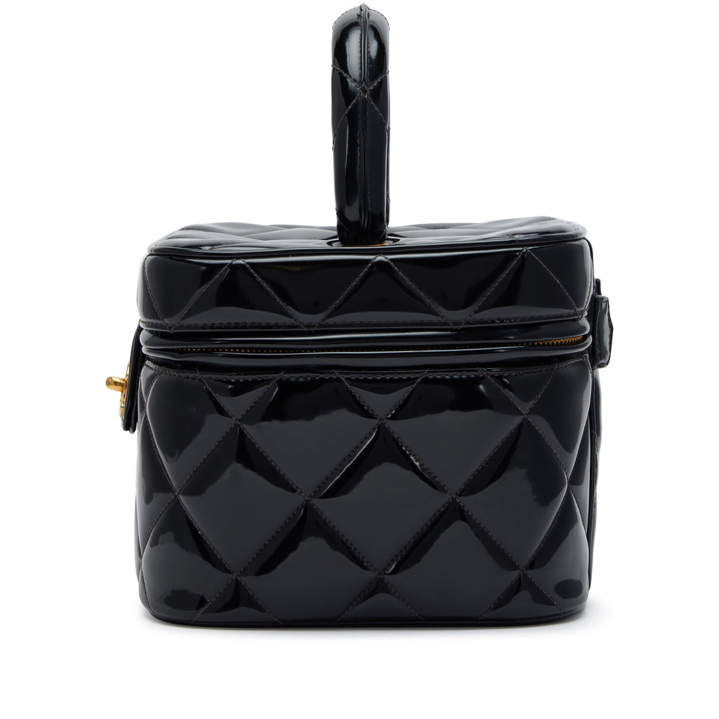 Chanel 1995 Black Quilted Patent Barbie Heart Mirror Vanity Case Bag Gold Hardware