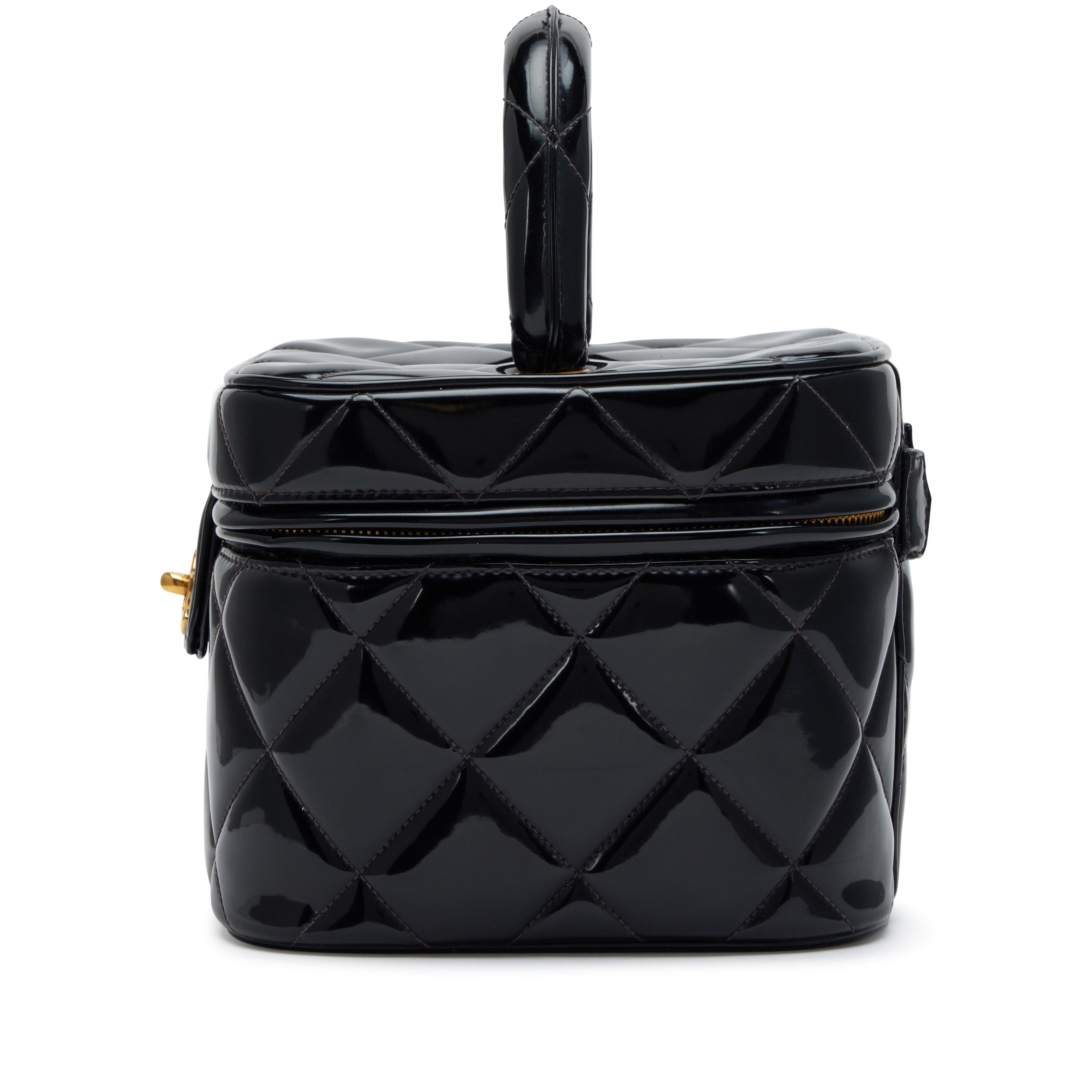 Chanel 1995 Black Quilted Patent Barbie Heart Mirror Vanity Case Bag Gold Hardware