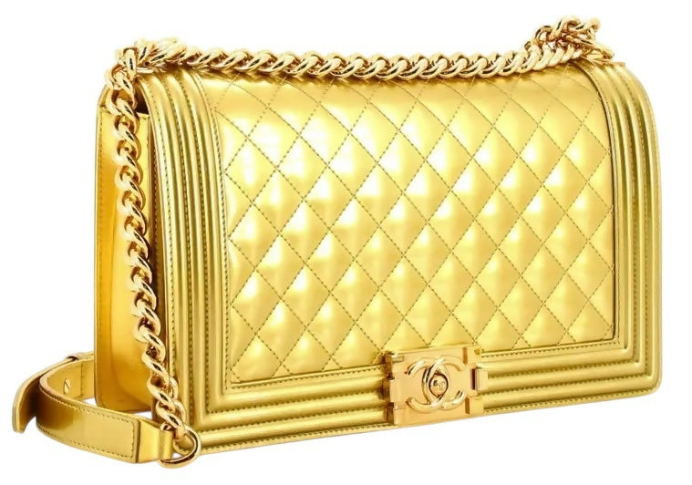 Chanel 2017 New Medium Boy Metallic Gold Patent Calfskin Leather GHW