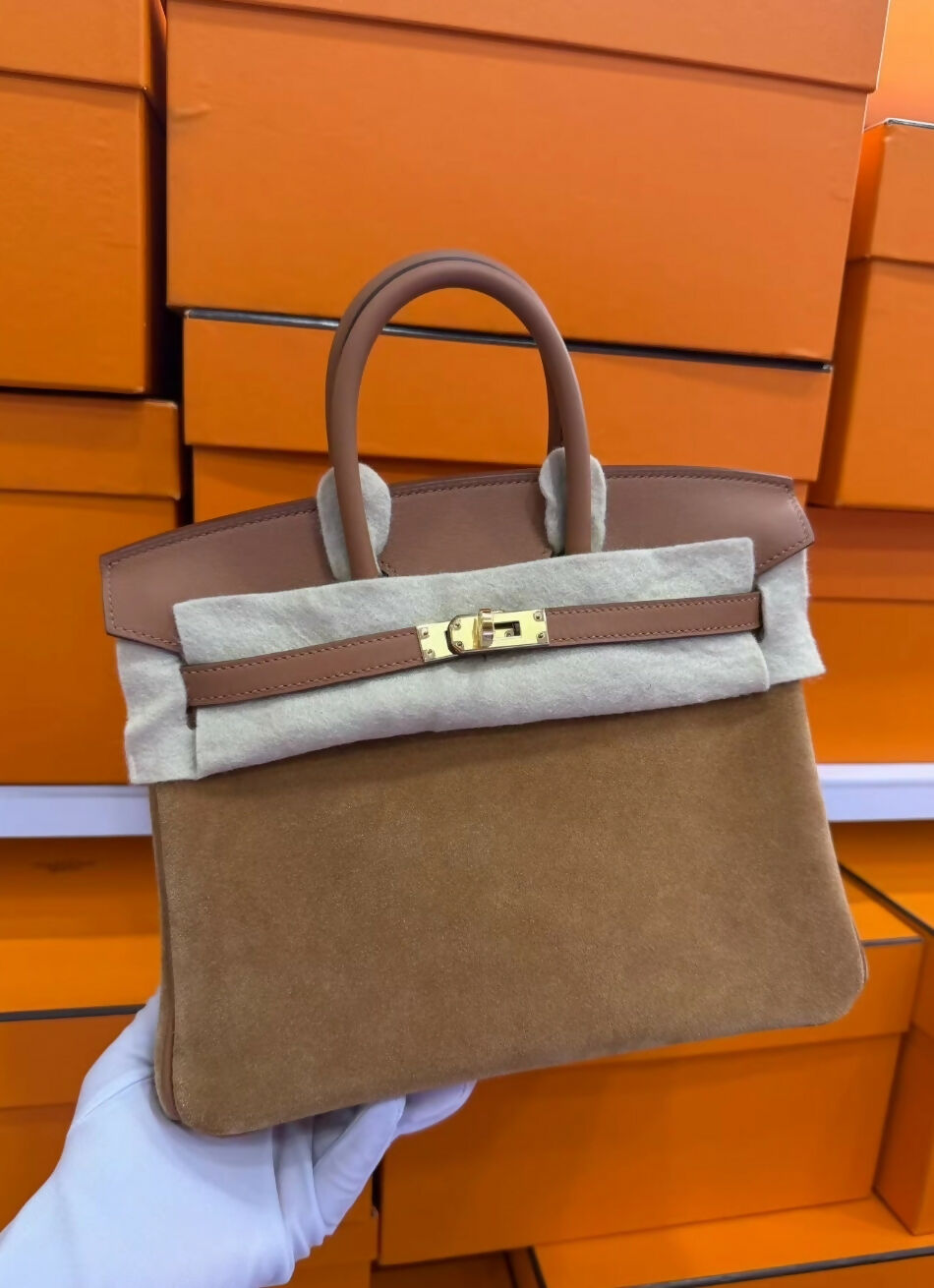 Hermès Birkin 25 Gold Swift and Grizzly Suede Leather Gold Hardware