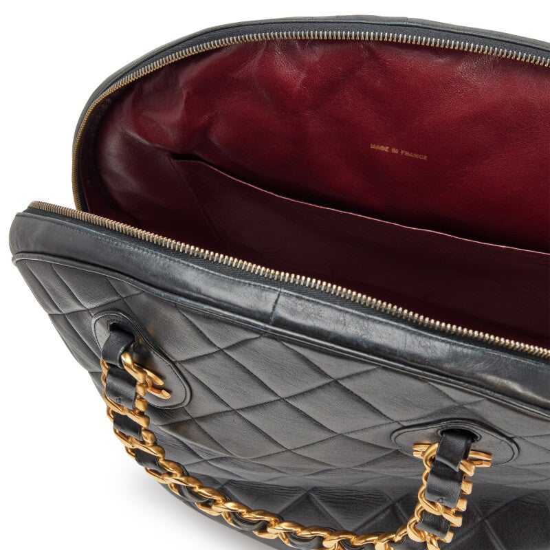Chanel 1992 Vintage Black Quilted Lambskin Woven Chain Handle Bowler Bag Gold Hardware