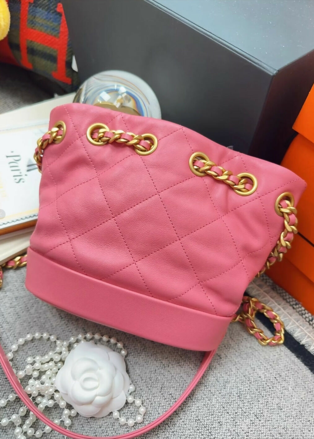 Chanel 23B pink leather gold chain bucket bag