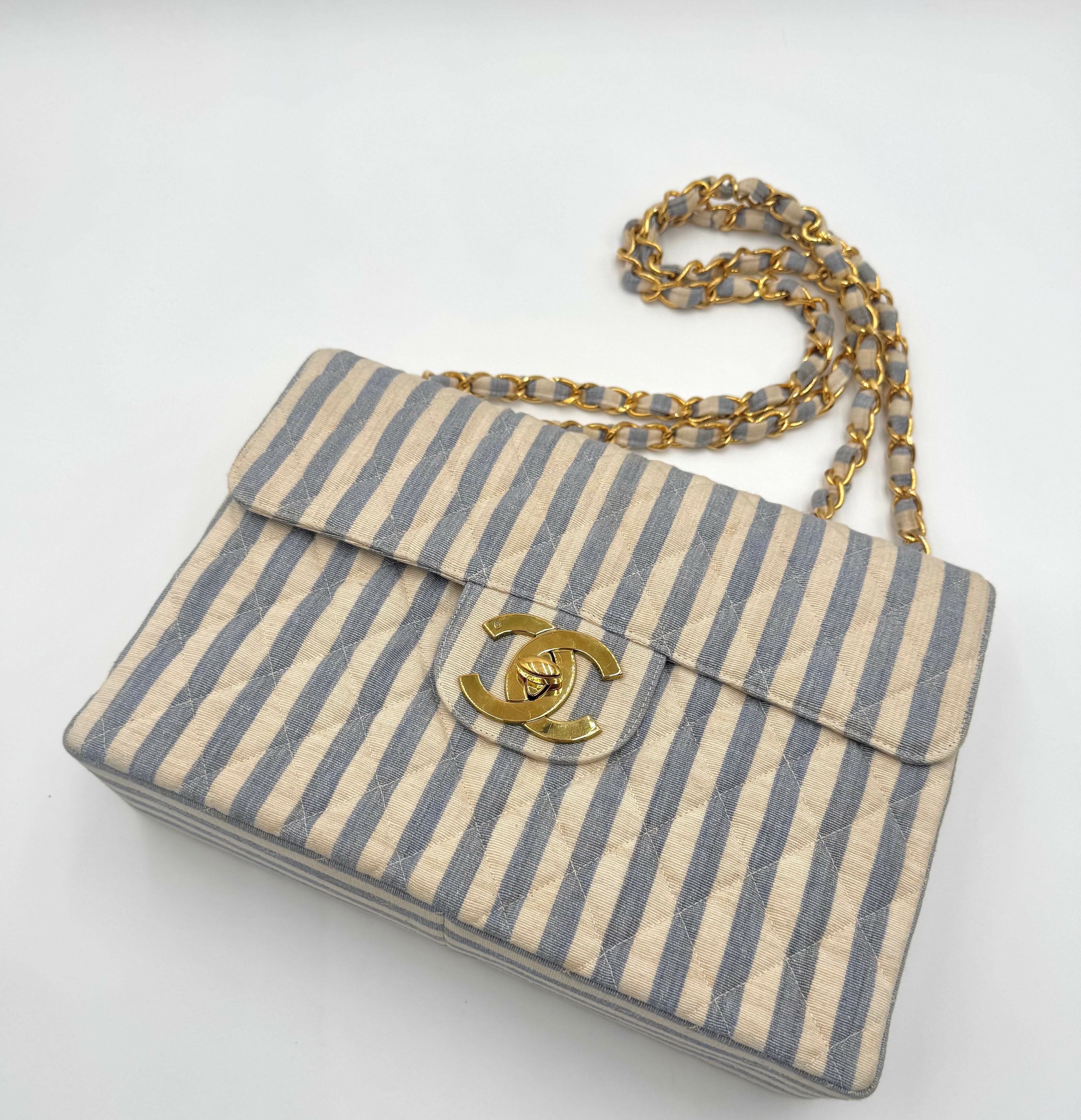 Chanel Vintage 1990s Blue and White Striped Linen Jumbo Single Classic Flap Bag